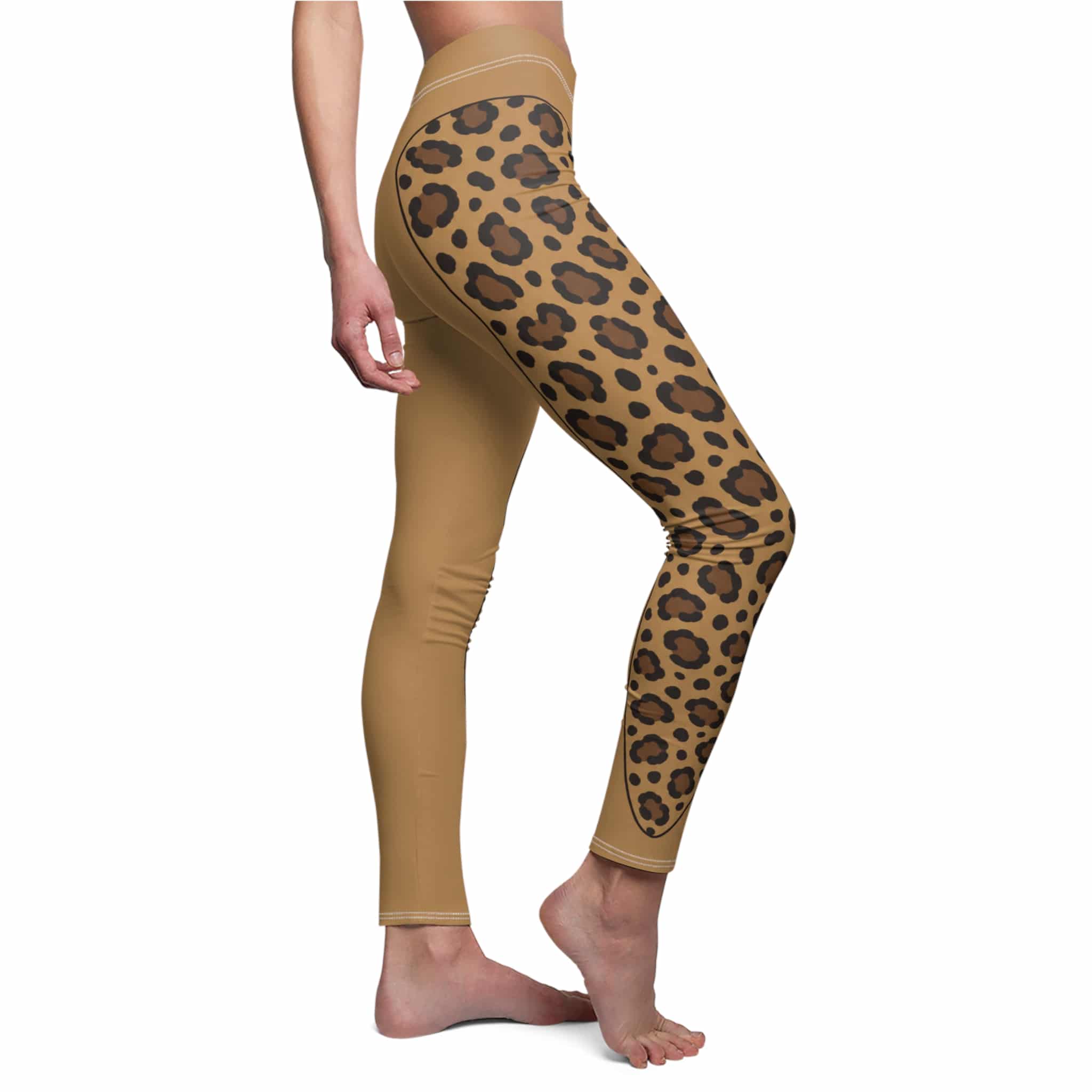 Espresso leopard leggings with a leopard print panel on the upper legs and a solid caramel lower leg, shown on a model