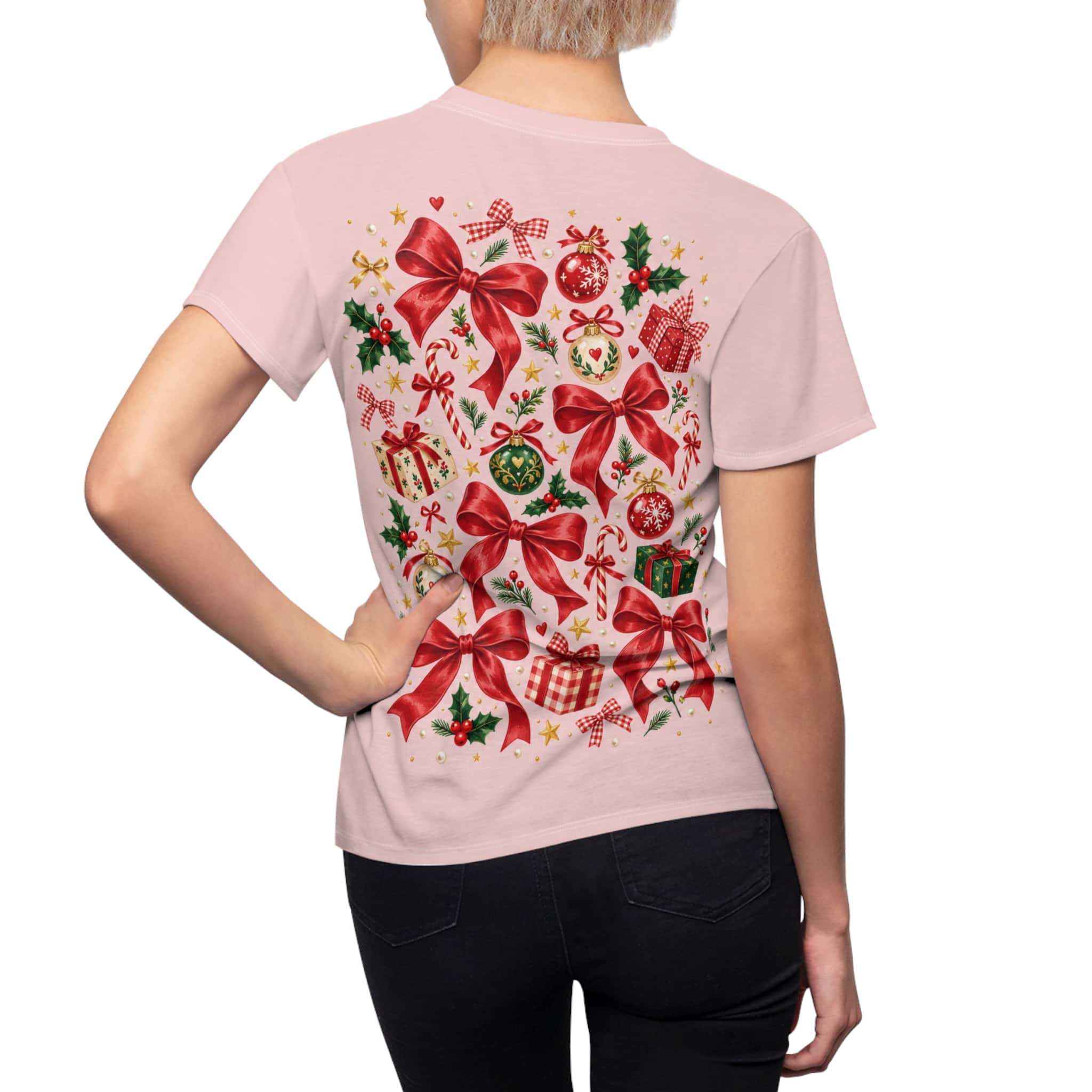 Women’s Tee Pink Christmas Bows & Ornaments Shirt - Image 2