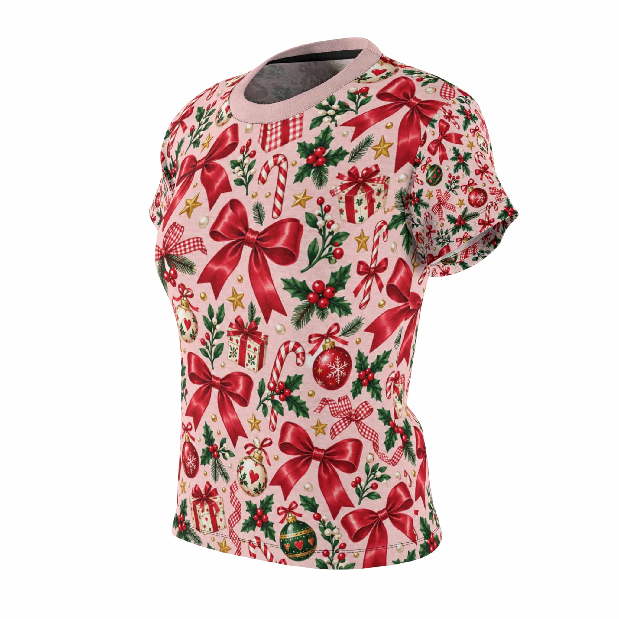 Coquette Bows and Baubles Christmas Tee, Pink and Red Women's Holiday Shirt - Image 10