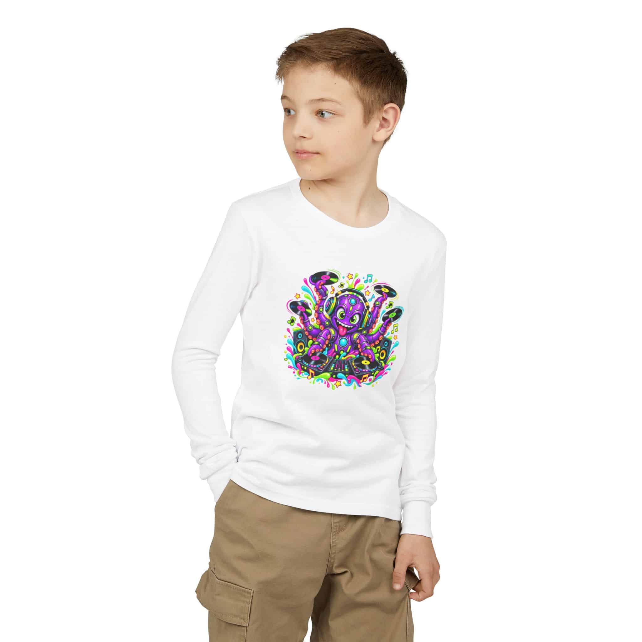 Neon Octopus DJ - kids long sleeve tee by Honeh
