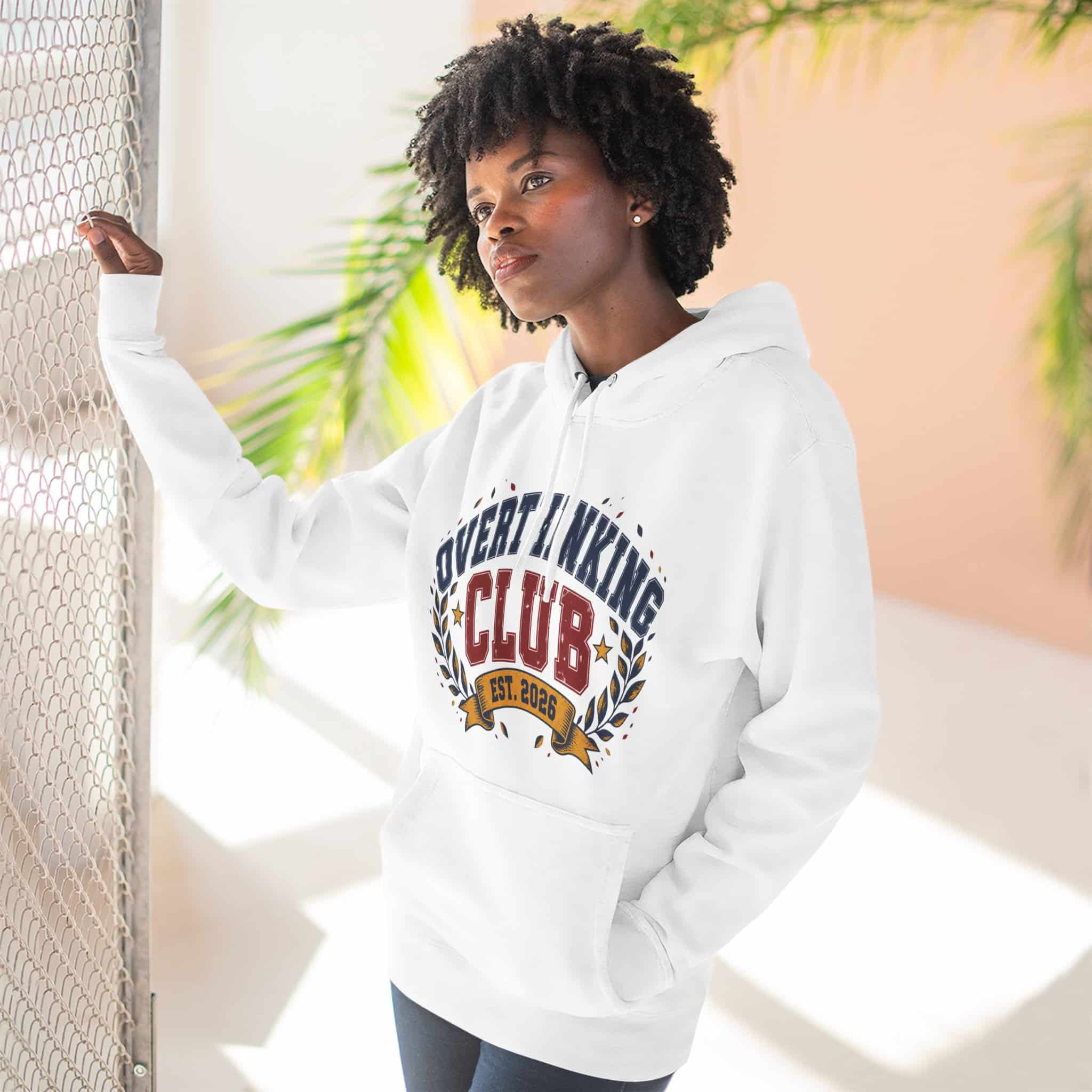 Overthinking Club Hoodie - Funny Vintage Collegiate Varsity Style Humor Hoodie