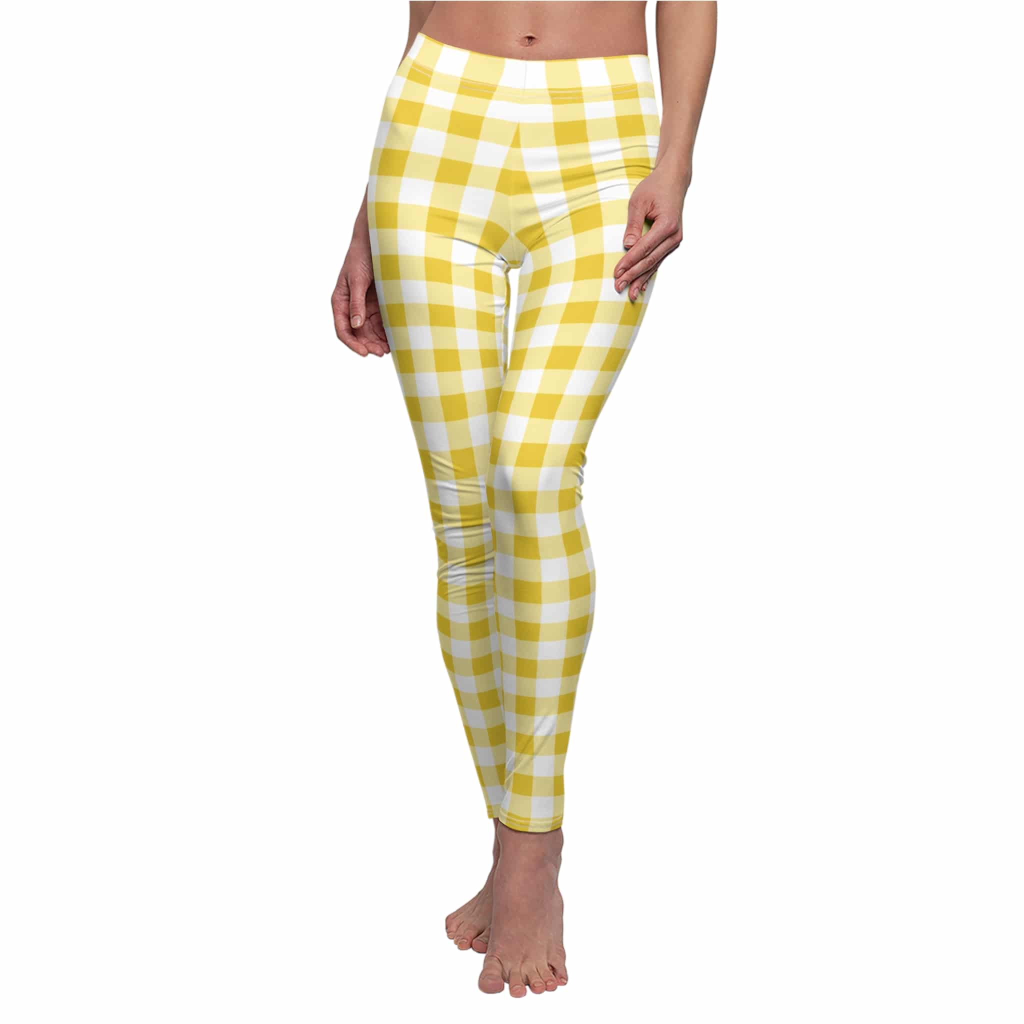 Butter yellow check leggings with a fresh gingham pattern, shown on a model against a white background