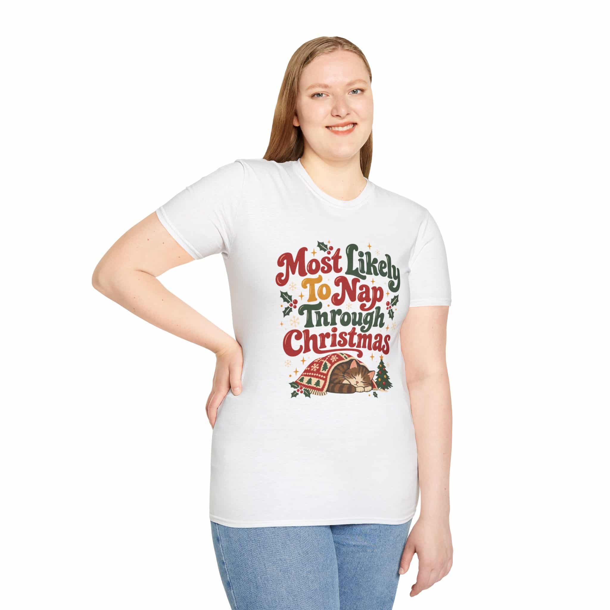 Most Likely To Nap Through Christmas Unisex Softstyle T-Shirt | Funny Holiday Graphic Tee - Image 5