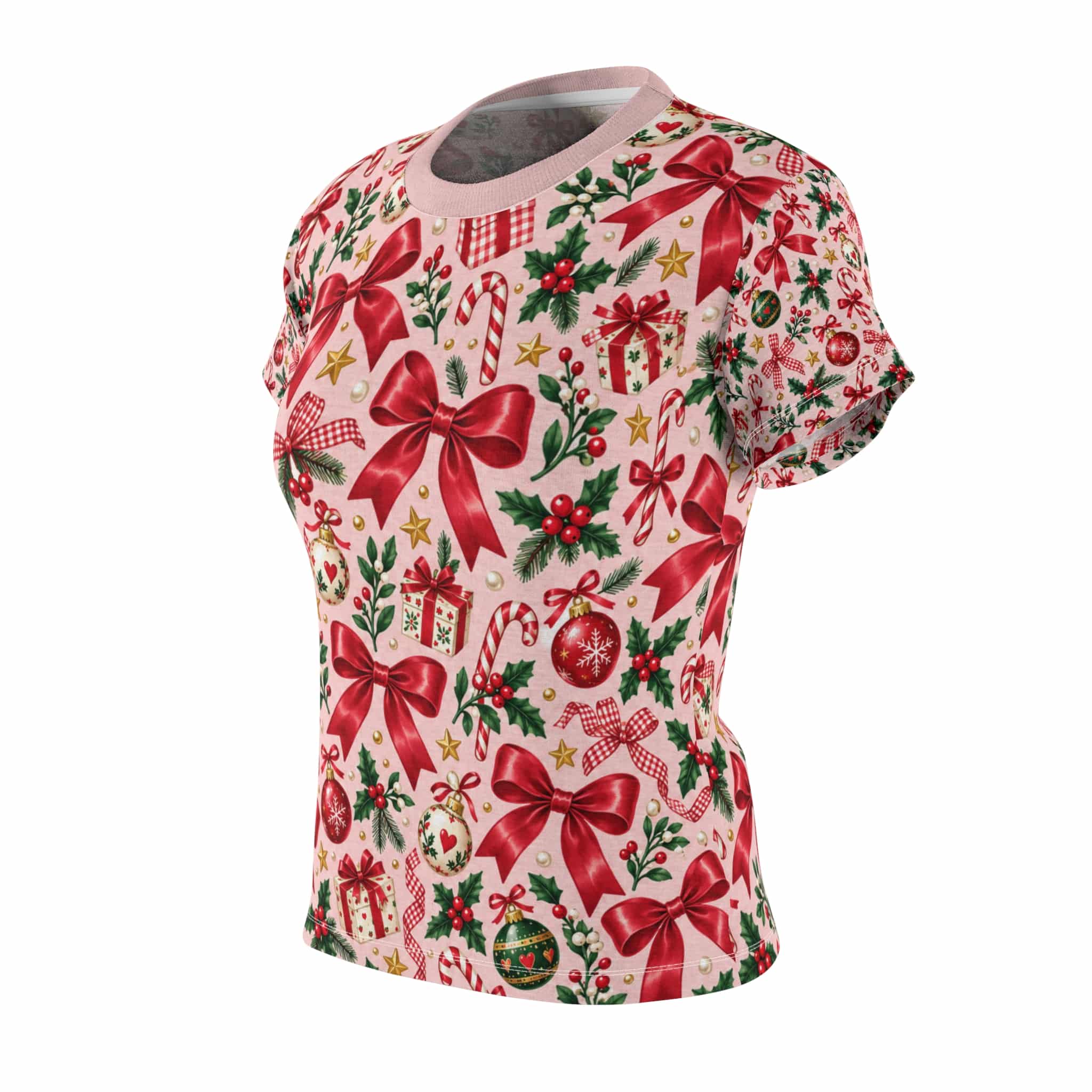 Coquette Bows and Baubles Christmas Tee, Pink and Red Women's Holiday Shirt - Image 4