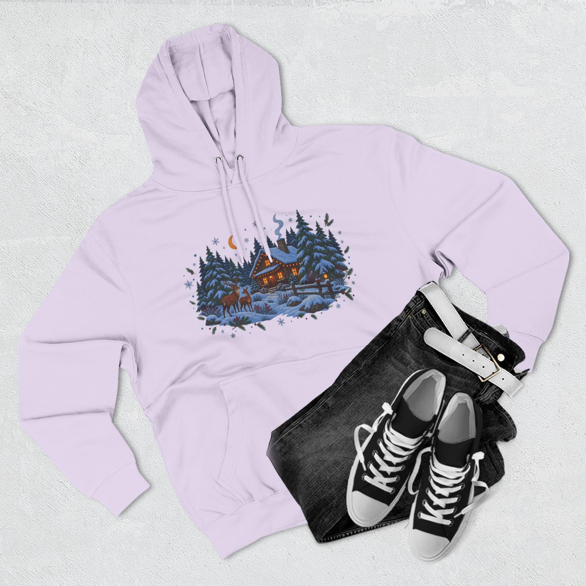 Woodland Winter Cabin Hoodie - Cozy Christmas Forest Stag Pine Trees Snowy Cabin Hoodie - Image 32