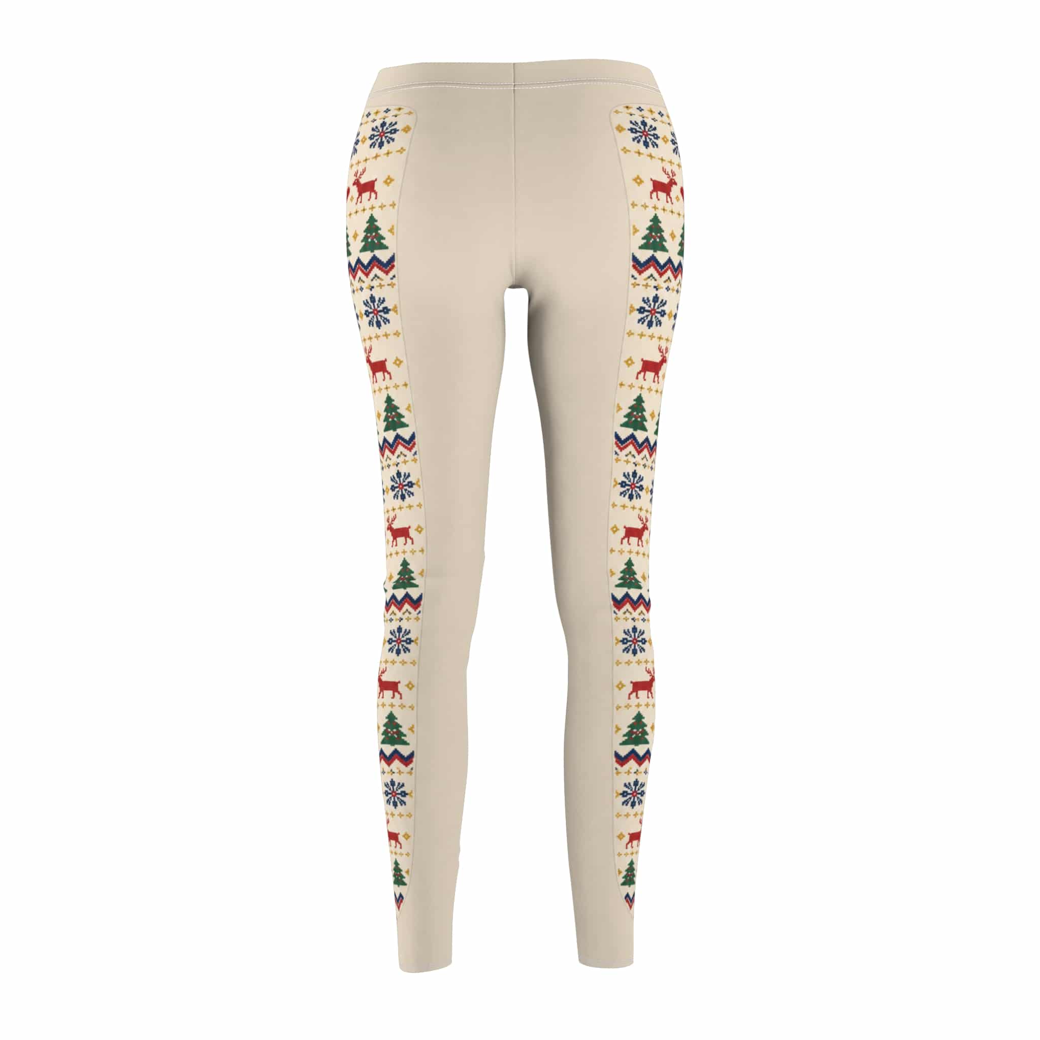 Cream Winter Fair Isle Leggings - Red & Navy Reindeer Snowflake Panel - Image 5