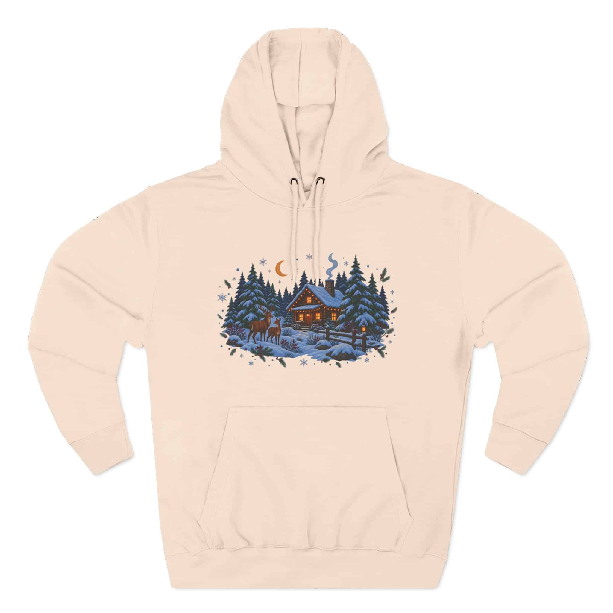 Woodland Winter Cabin Hoodie - Cozy Christmas Forest Stag Pine Trees Snowy Cabin Hoodie - Image 18
