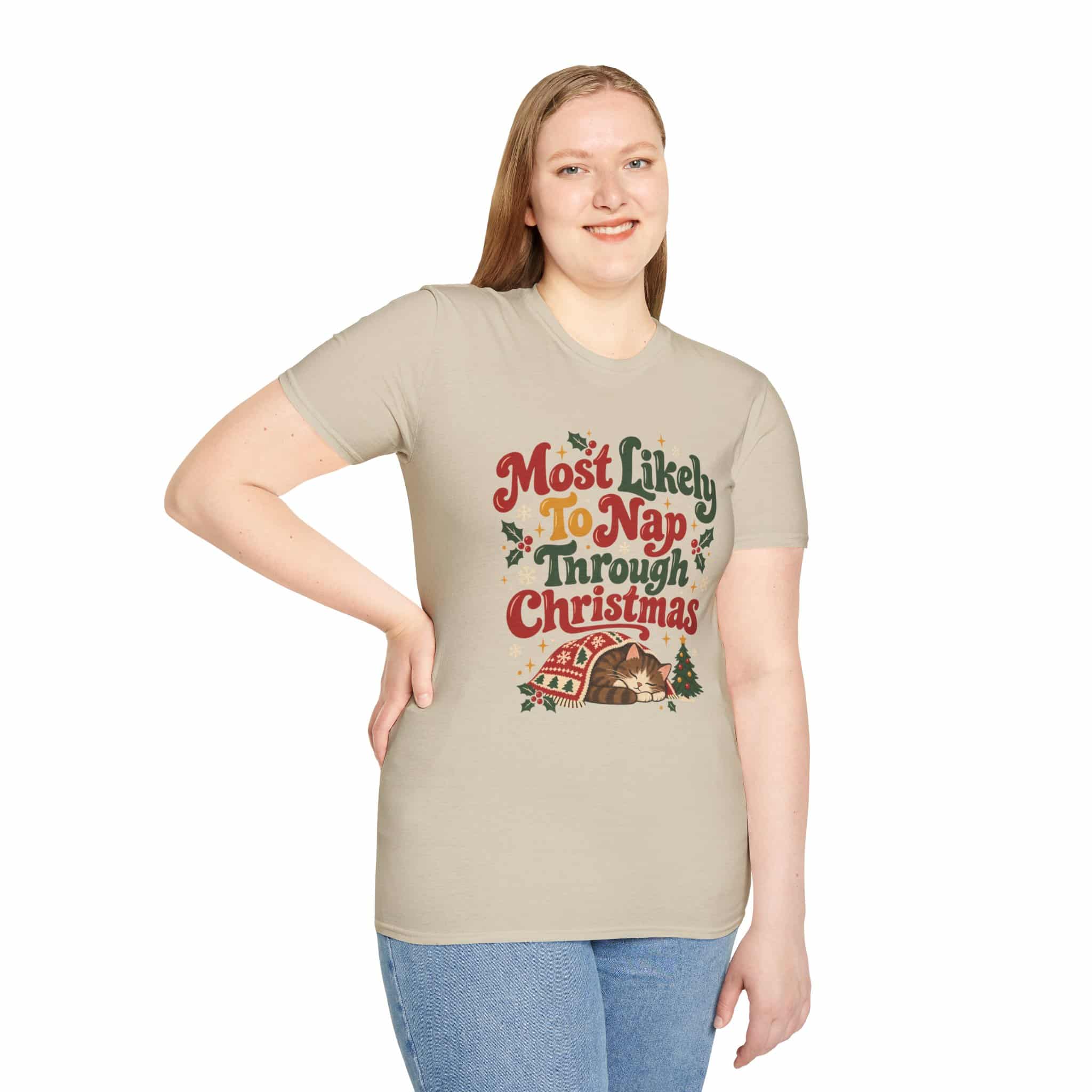 Most Likely To Nap Through Christmas Unisex Softstyle T-Shirt | Funny Holiday Graphic Tee - Image 12