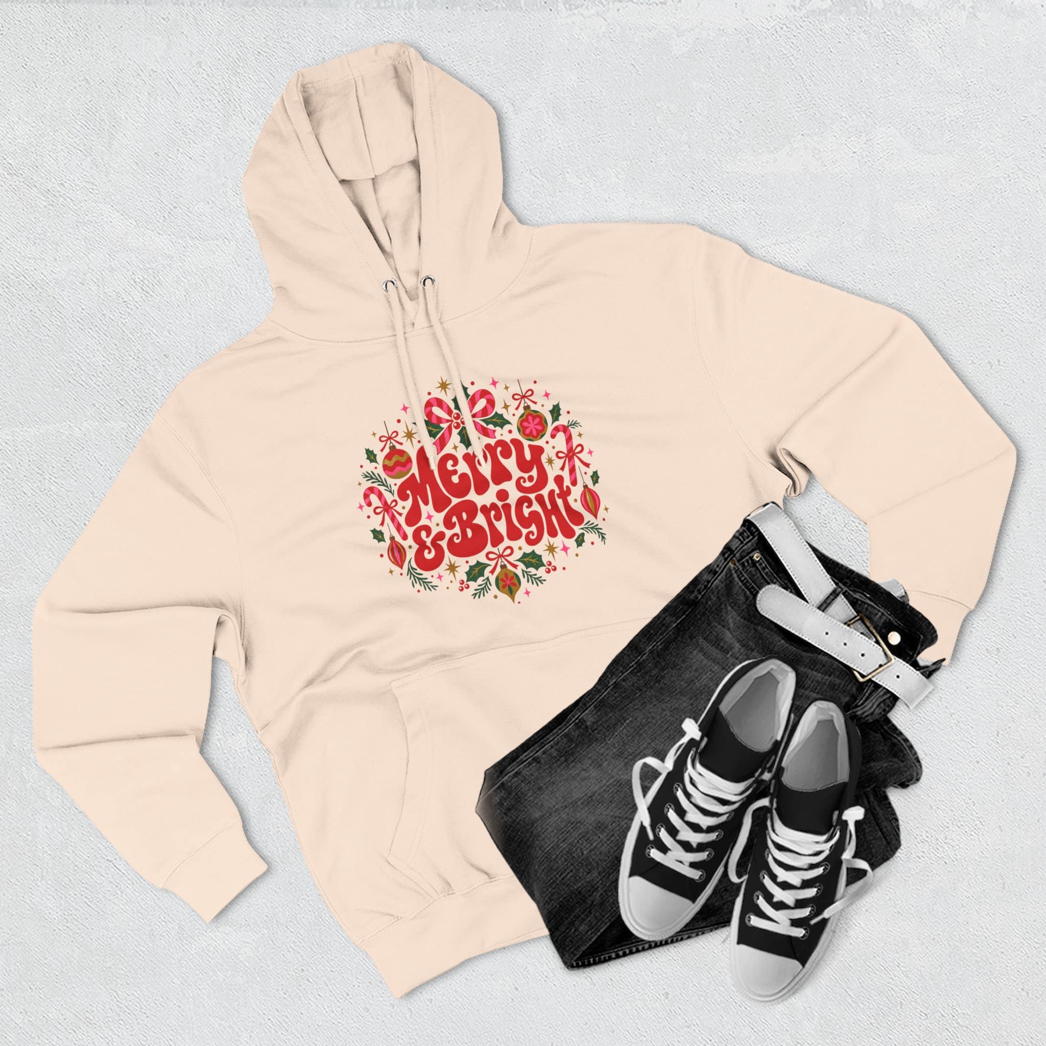 Merry and Bright Christmas Hoodie - Retro Groovy Holiday Ornaments Candy Cane Christmas Hoodie - Image 17