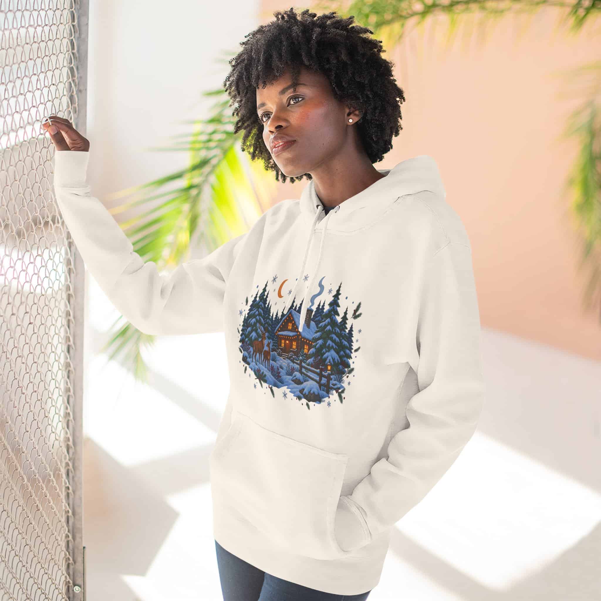 Woodland Winter Cabin Hoodie - Cozy Christmas Forest Stag Pine Trees Snowy Cabin Hoodie - Image 11