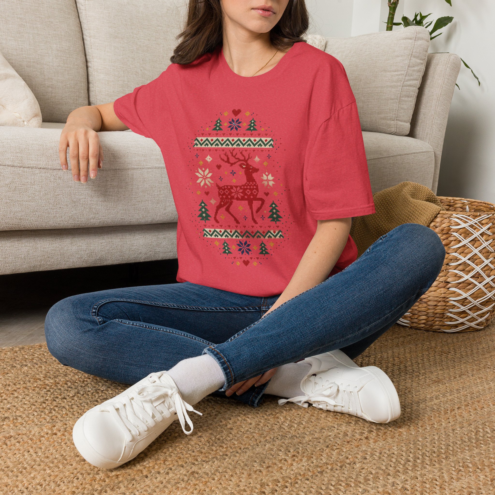 Fair Isle Reindeer Unisex Softstyle T-Shirt - Knit-Look Christmas Graphic Tee - Image 36
