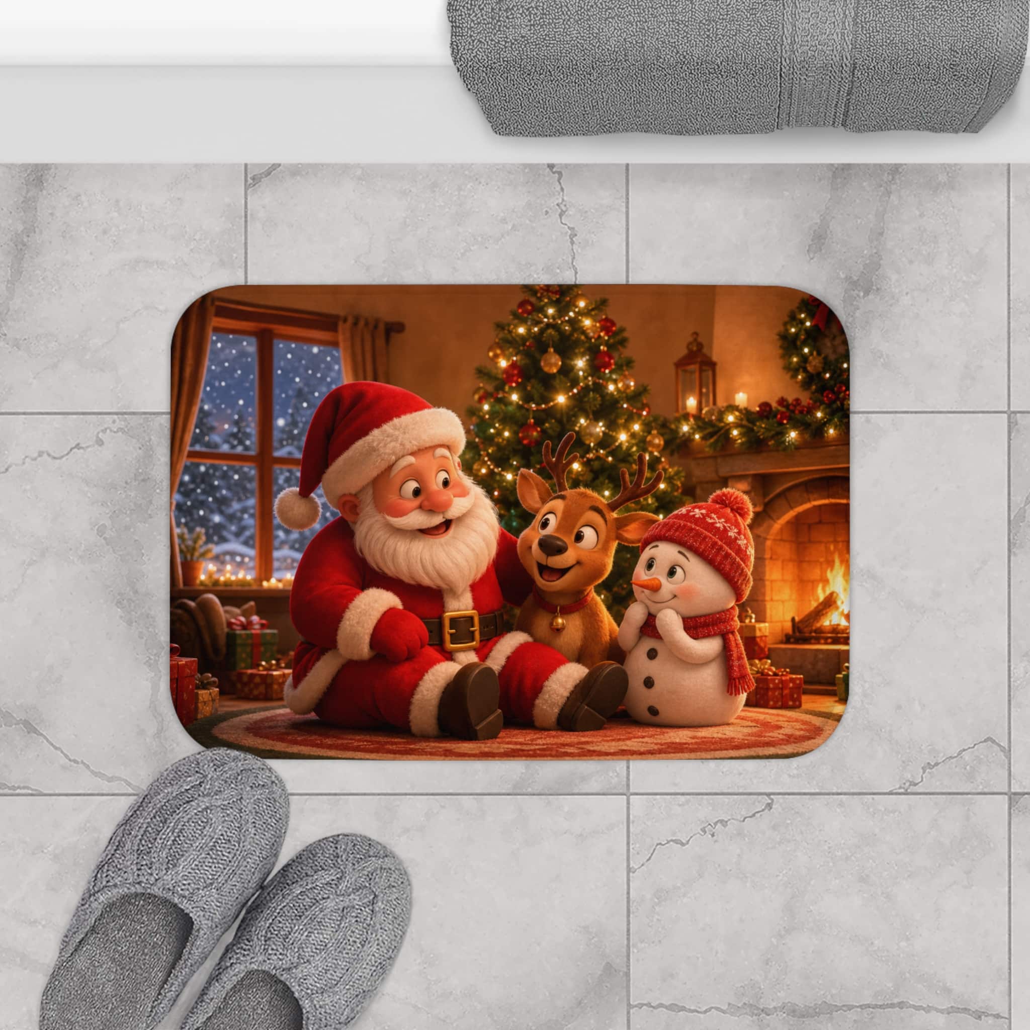 Christmas Santa & Friends Bath Mat - Festive Holiday Bathroom Rug with Santa, Reindeer & Snowman - Image 9