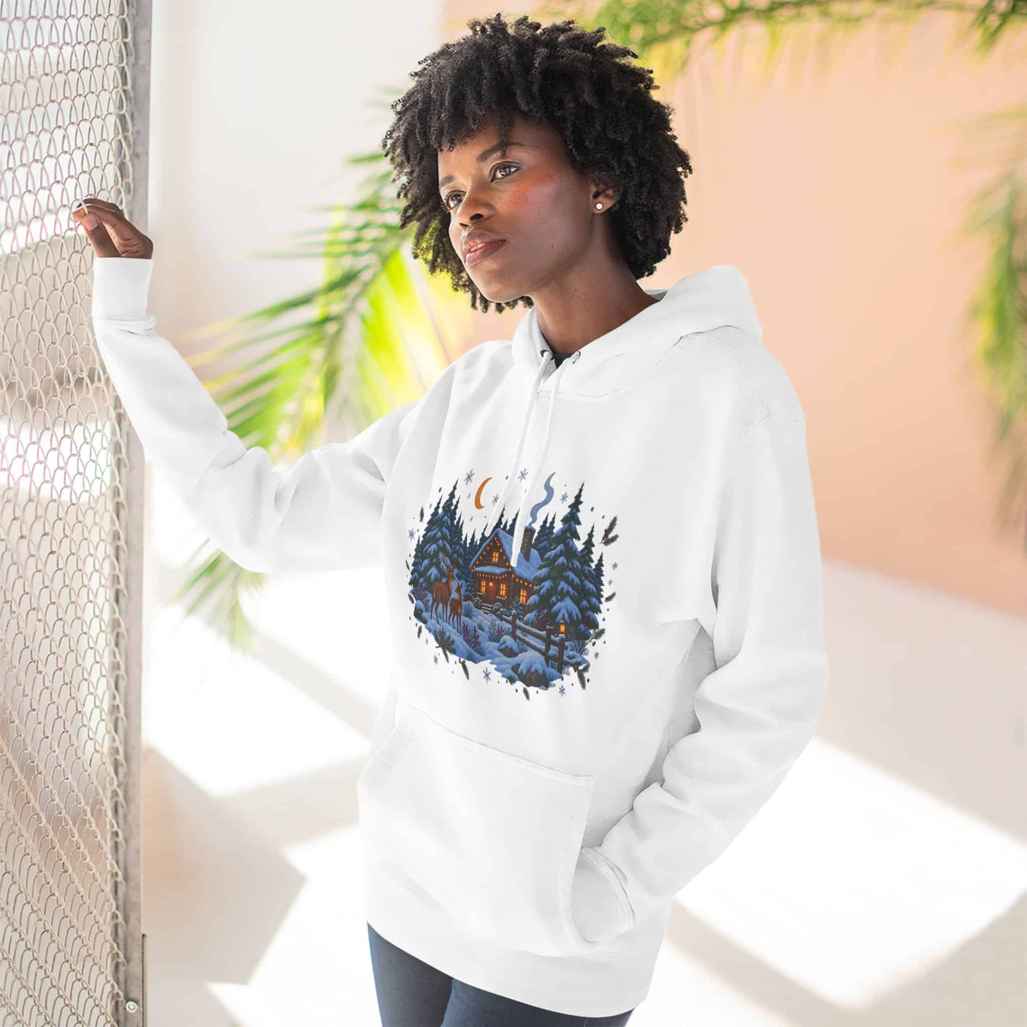Woodland Winter Cabin Hoodie - Cozy Christmas Forest Stag Pine Trees Snowy Cabin Hoodie