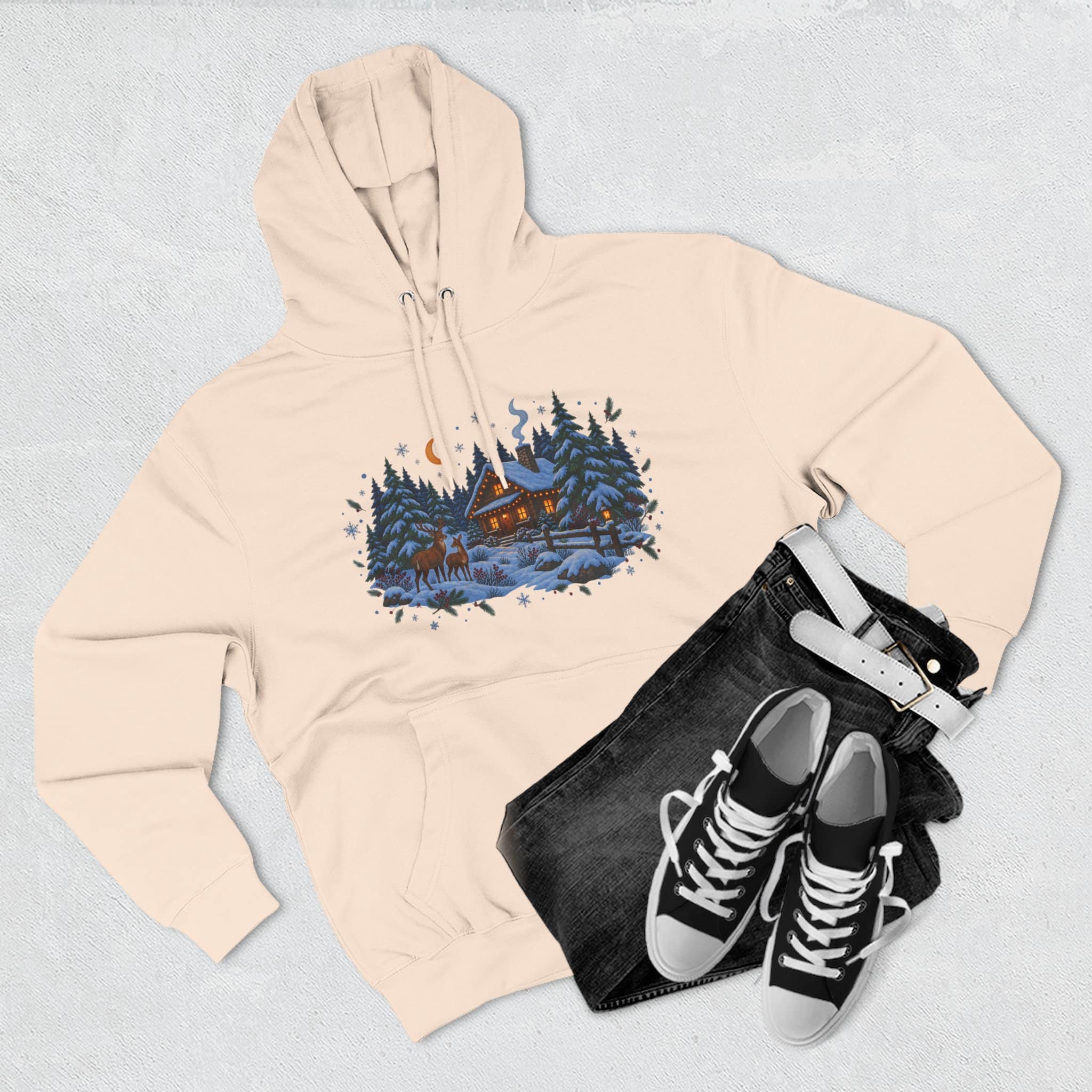 Woodland Winter Cabin Hoodie - Cozy Christmas Forest Stag Pine Trees Snowy Cabin Hoodie - Image 17