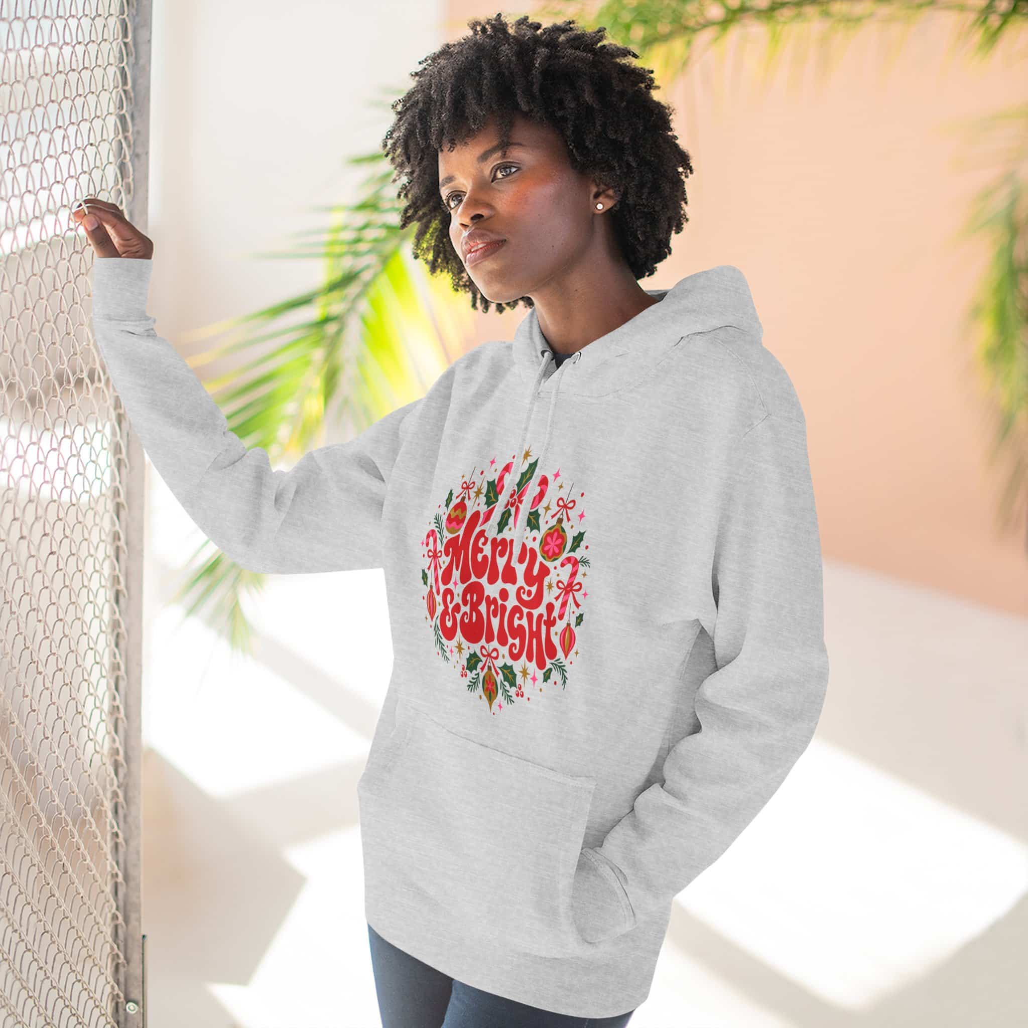 Merry and Bright Christmas Hoodie - Retro Groovy Holiday Ornaments Candy Cane Christmas Hoodie - Image 6