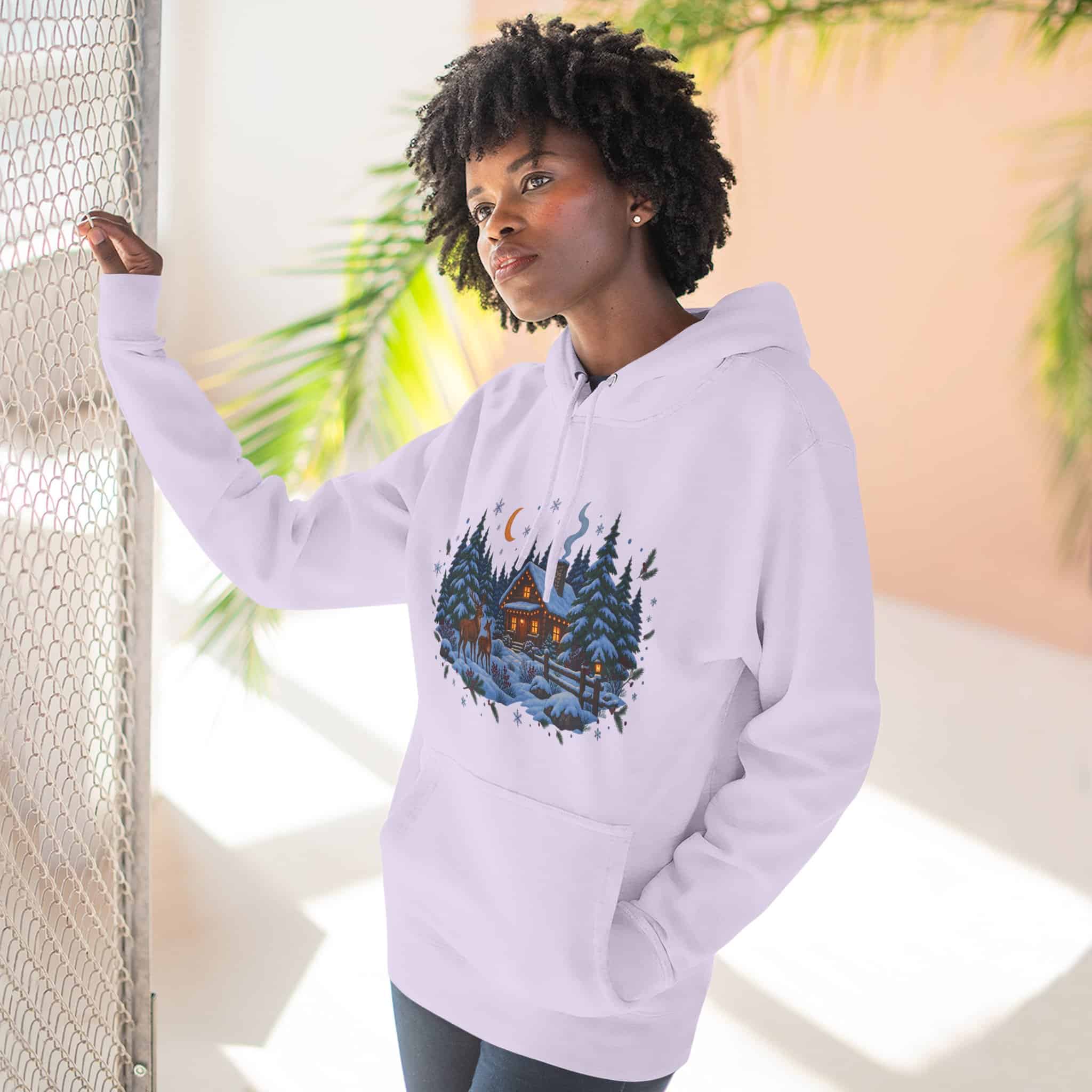 Woodland Winter Cabin Hoodie - Cozy Christmas Forest Stag Pine Trees Snowy Cabin Hoodie - Image 31