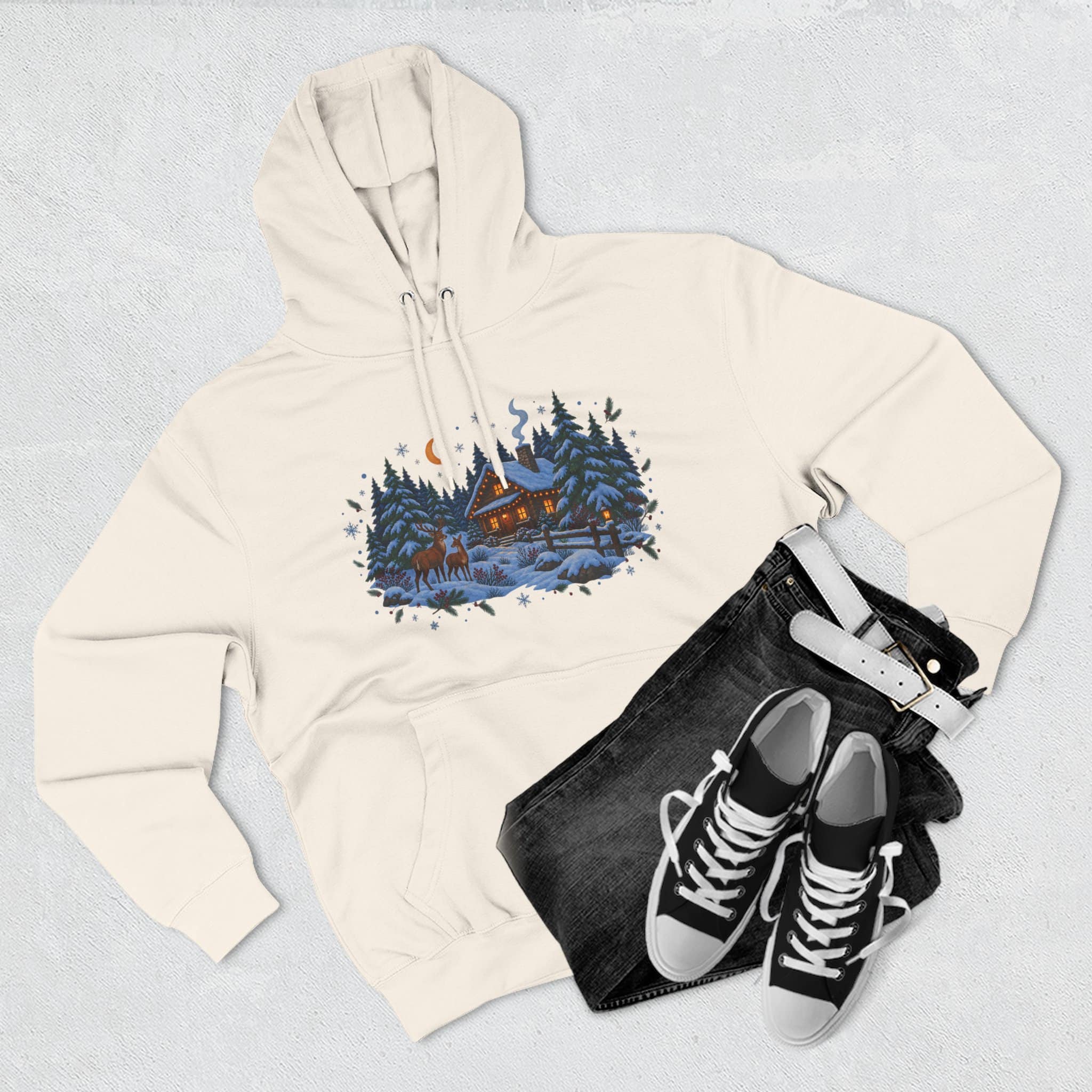 Woodland Winter Cabin Hoodie - Cozy Christmas Forest Stag Pine Trees Snowy Cabin Hoodie - Image 12