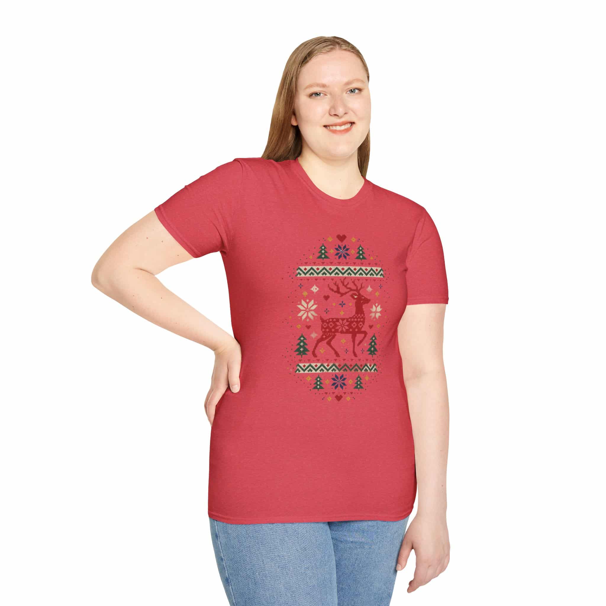 Fair Isle Reindeer Unisex Softstyle T-Shirt - Knit-Look Christmas Graphic Tee - Image 40