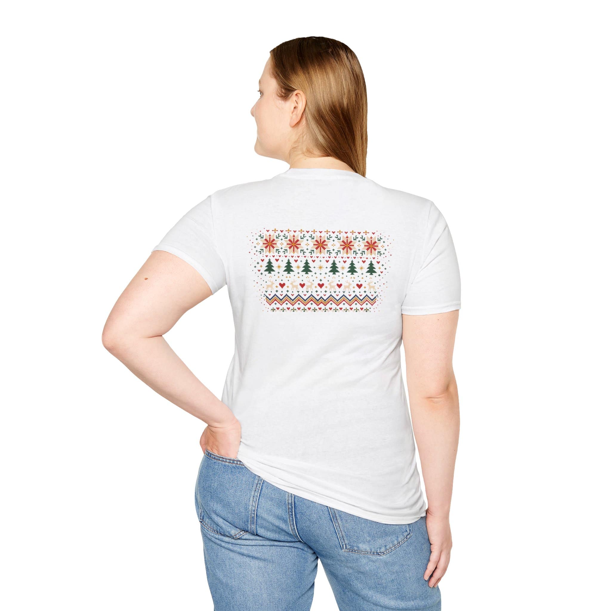 Fair Isle Reindeer Unisex Softstyle T-Shirt - Knit-Look Christmas Graphic Tee - Image 6