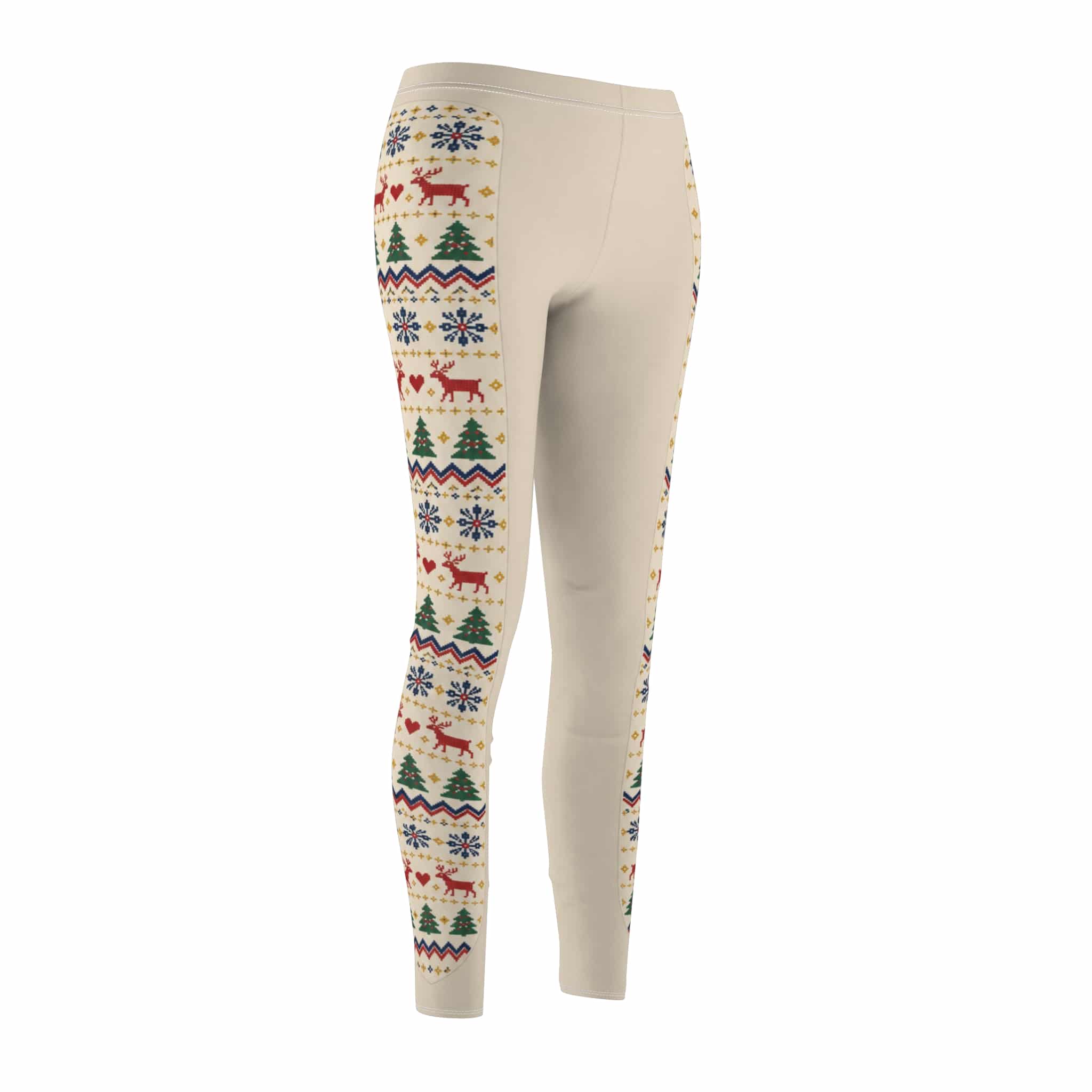 Cream Winter Fair Isle Leggings - Red & Navy Reindeer Snowflake Panel - Image 6