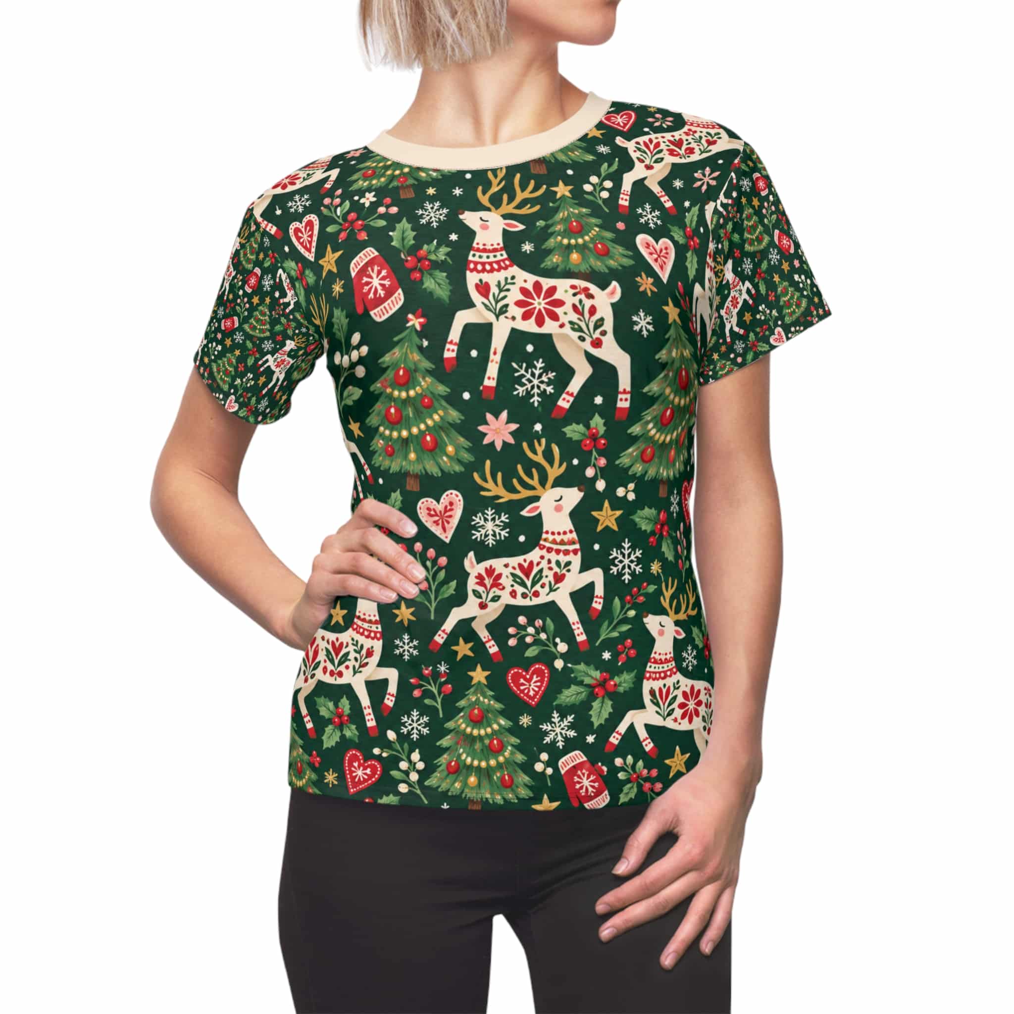Coquette Christmas Bows Tee, Blush Pink Holiday Women's Festive Print Shirt - Image 7