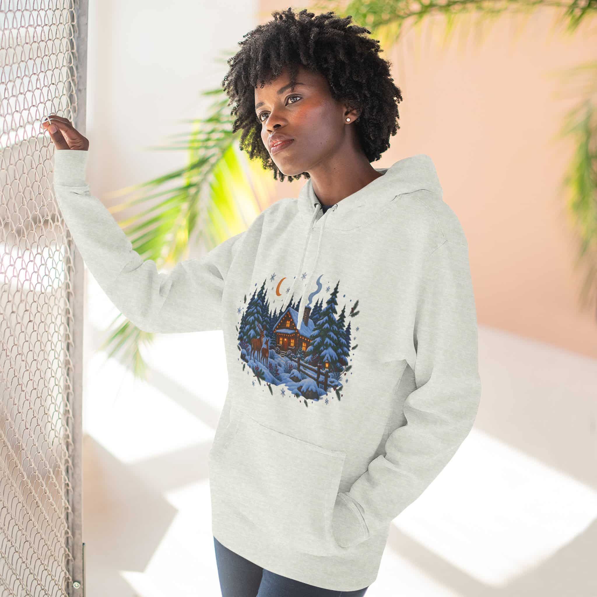 Woodland Winter Cabin Hoodie - Cozy Christmas Forest Stag Pine Trees Snowy Cabin Hoodie - Image 21