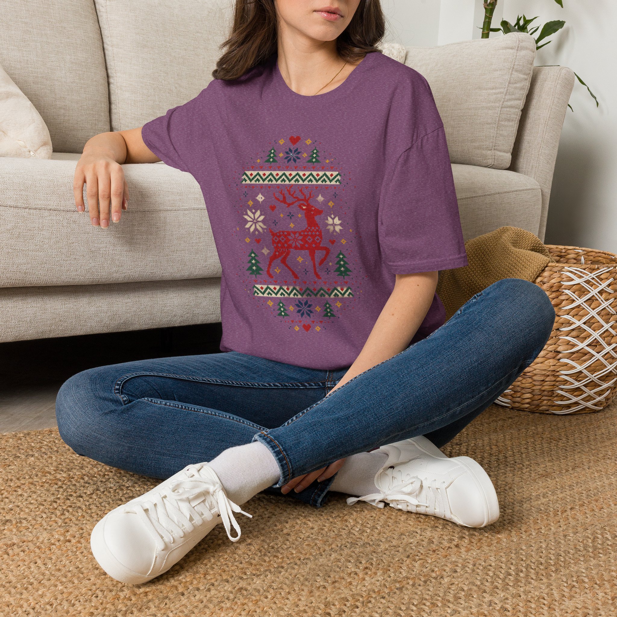 Fair Isle Reindeer Unisex Softstyle T-Shirt - Knit-Look Christmas Graphic Tee - Image 29