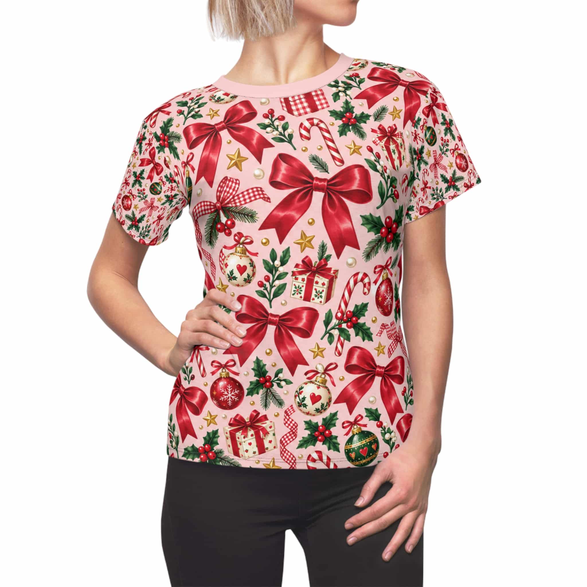 Coquette Bows and Baubles Christmas Tee, Pink and Red Women's Holiday Shirt - Image 7