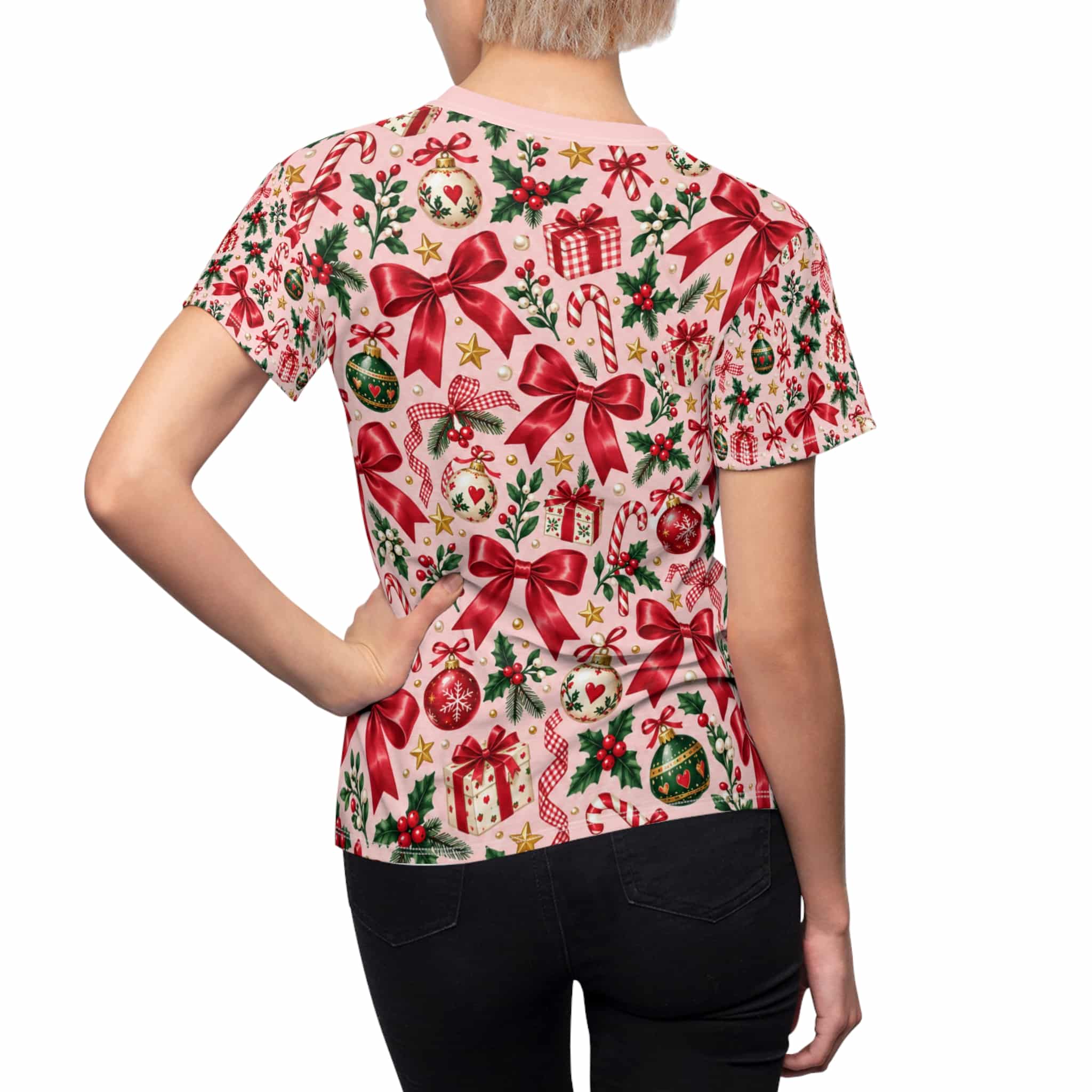 Coquette Bows and Baubles Christmas Tee, Pink and Red Women's Holiday Shirt - Image 2