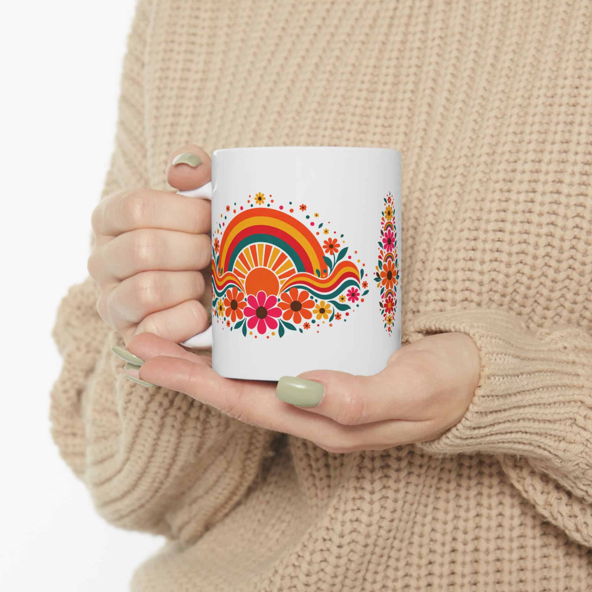 Retro Rainbow & Wildflowers Ceramic Mug — Boho Floral Coffee Cup (11oz/15oz)
