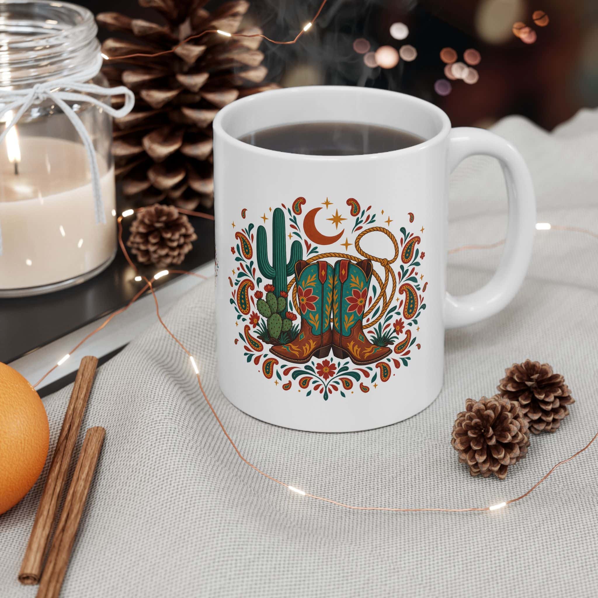 Western Cowboy Boots & Cactus Ceramic Mug — Floral Desert Coffee Cup (11oz/15oz)