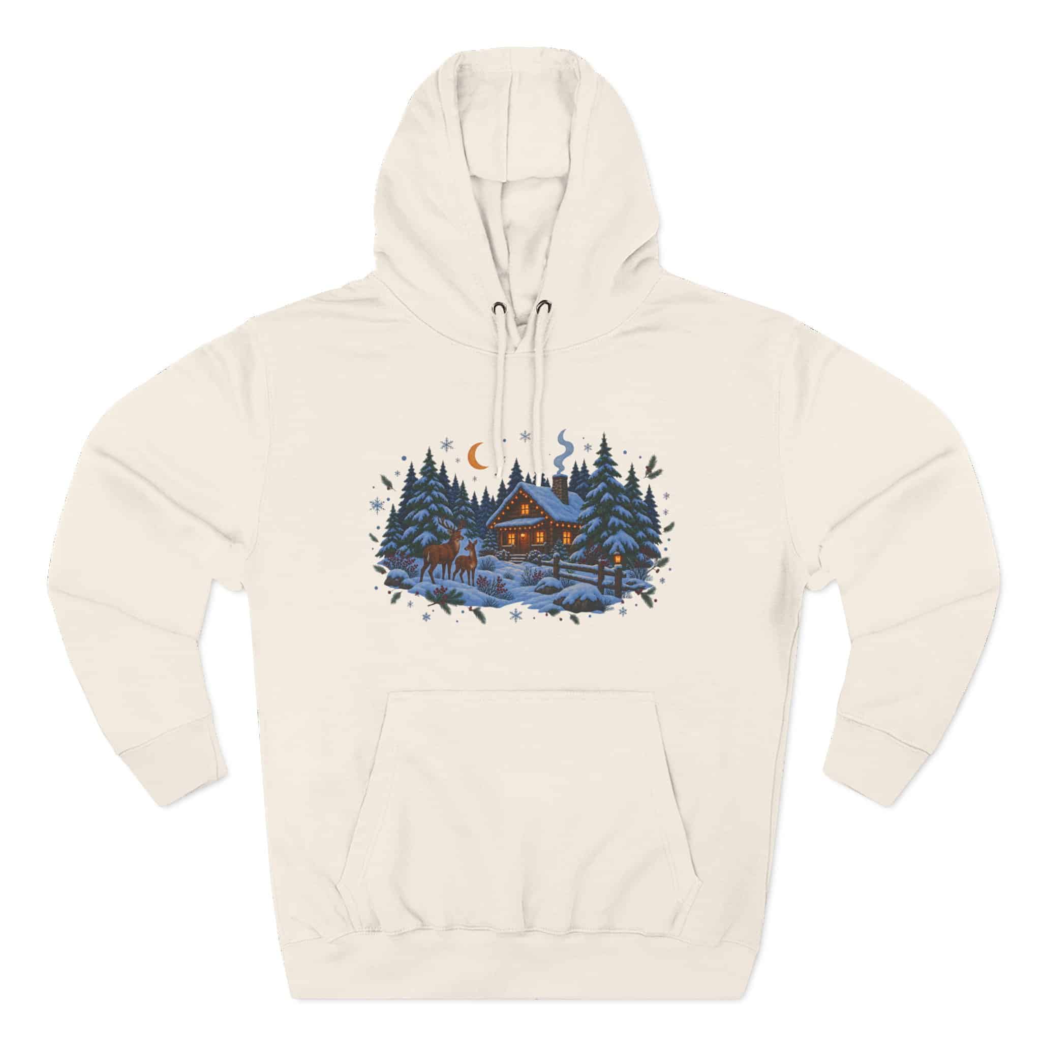 Woodland Winter Cabin Hoodie - Cozy Christmas Forest Stag Pine Trees Snowy Cabin Hoodie - Image 13