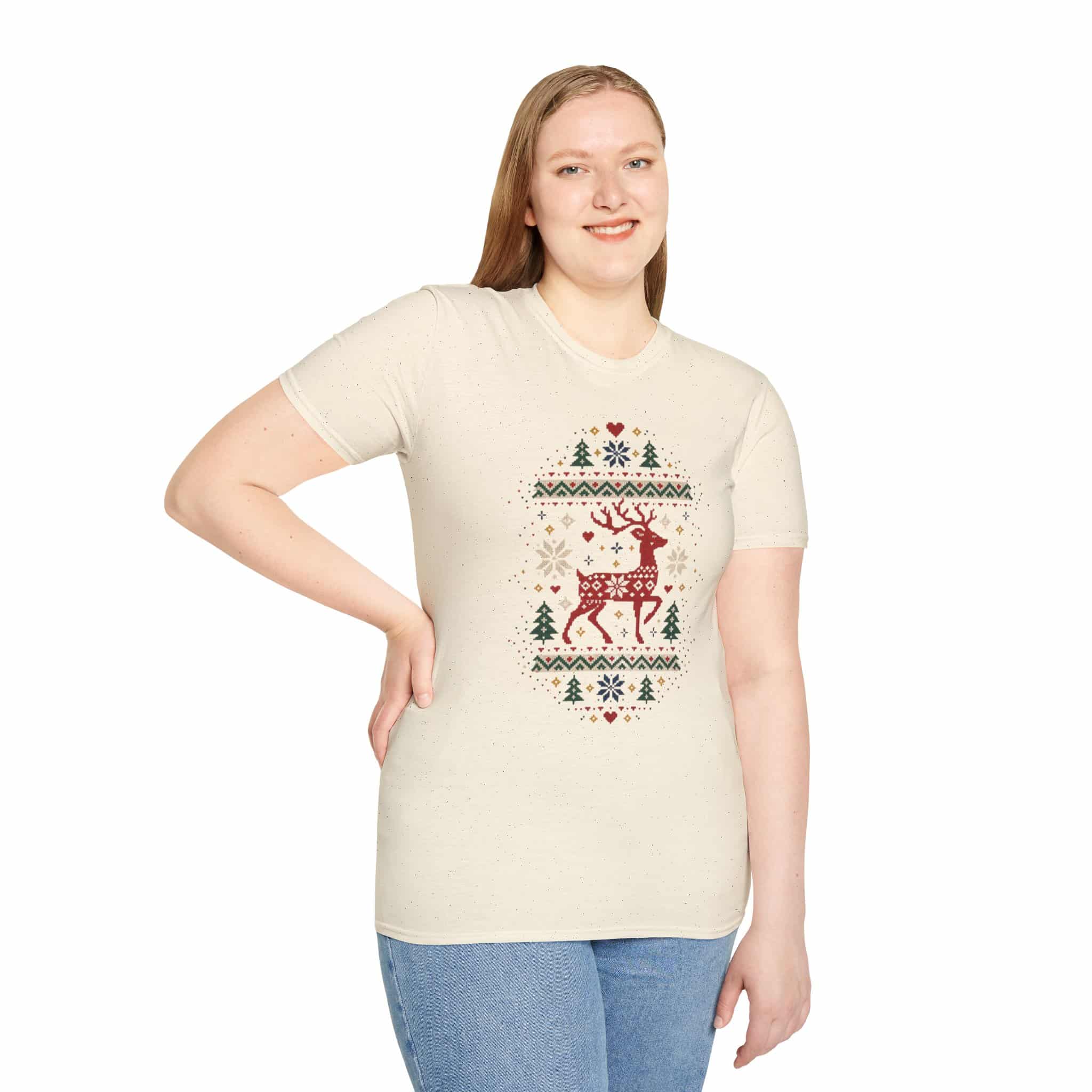 Fair Isle Reindeer Unisex Softstyle T-Shirt - Knit-Look Christmas Graphic Tee - Image 19