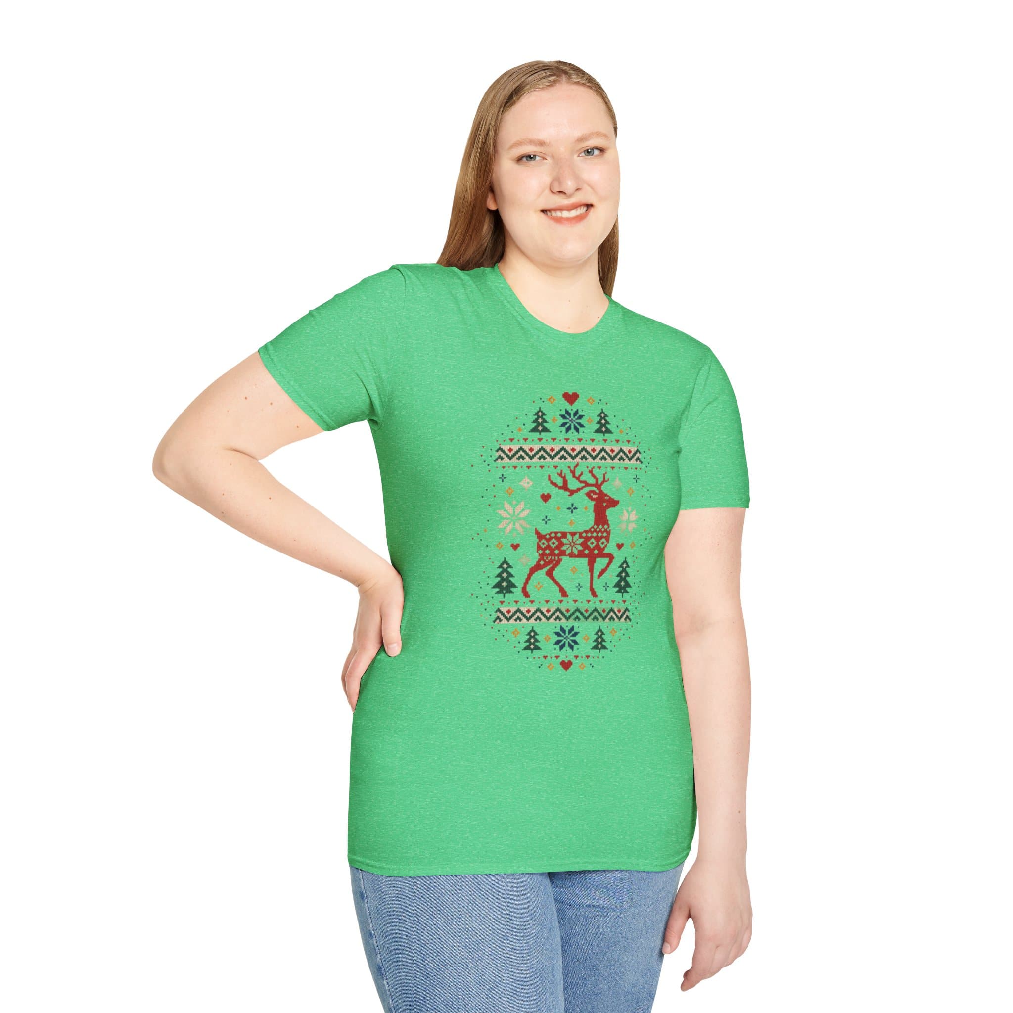 Fair Isle Reindeer Unisex Softstyle T-Shirt - Knit-Look Christmas Graphic Tee - Image 26