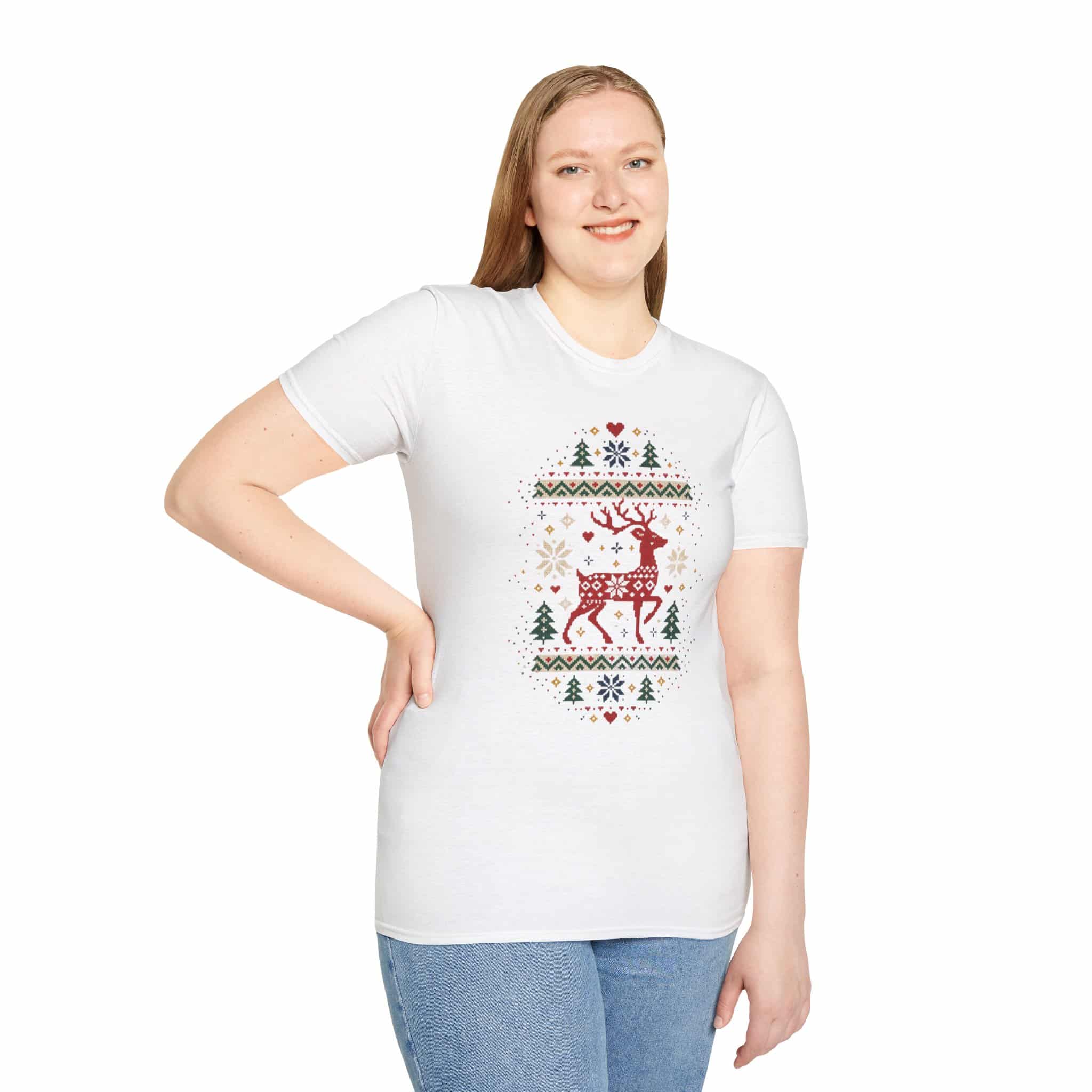 Fair Isle Reindeer Unisex Softstyle T-Shirt - Knit-Look Christmas Graphic Tee - Image 5