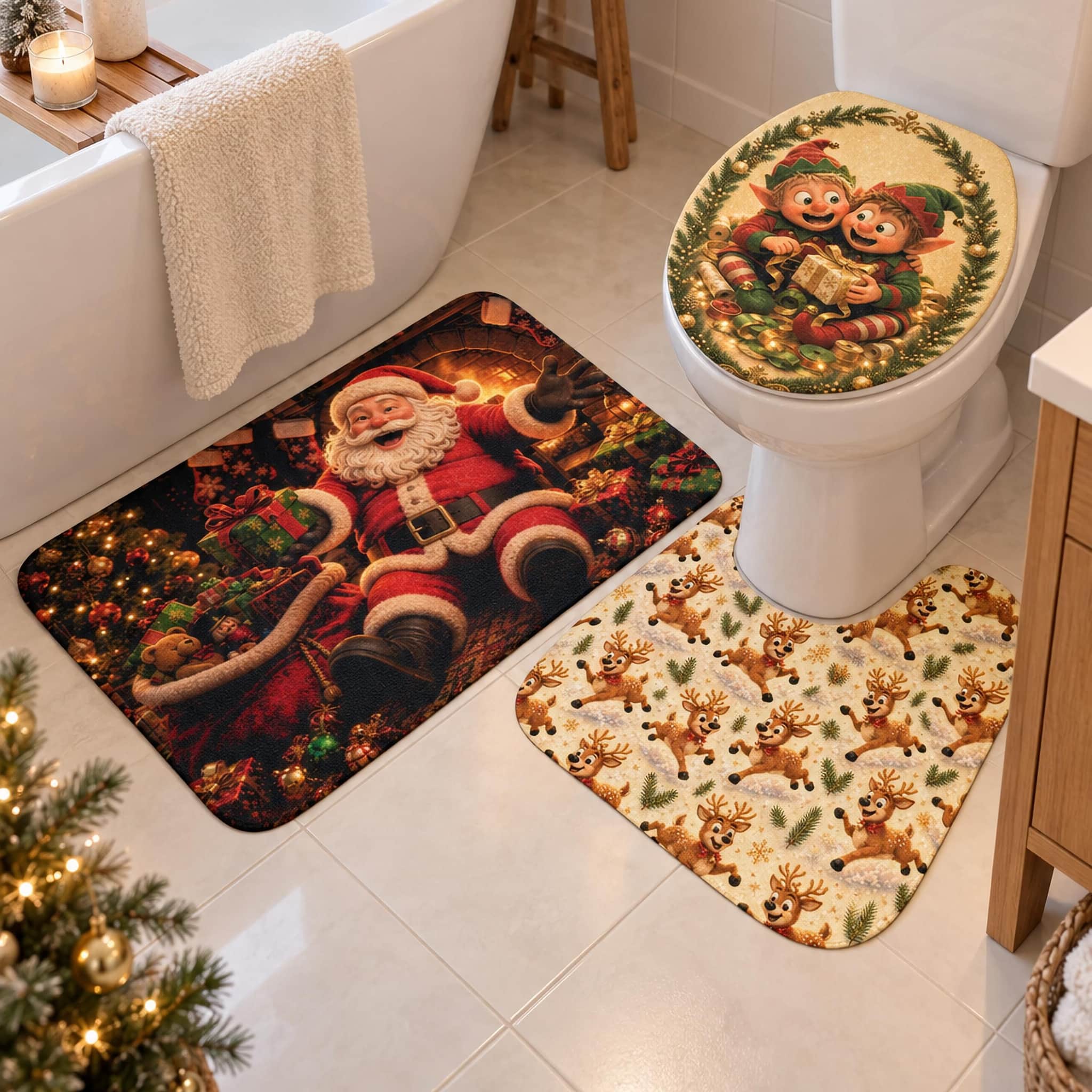 Christmas elf 3-piece bath mat set with a Santa bath mat, a reindeer contour mat and an elf toilet lid cover, shown in a bathroom