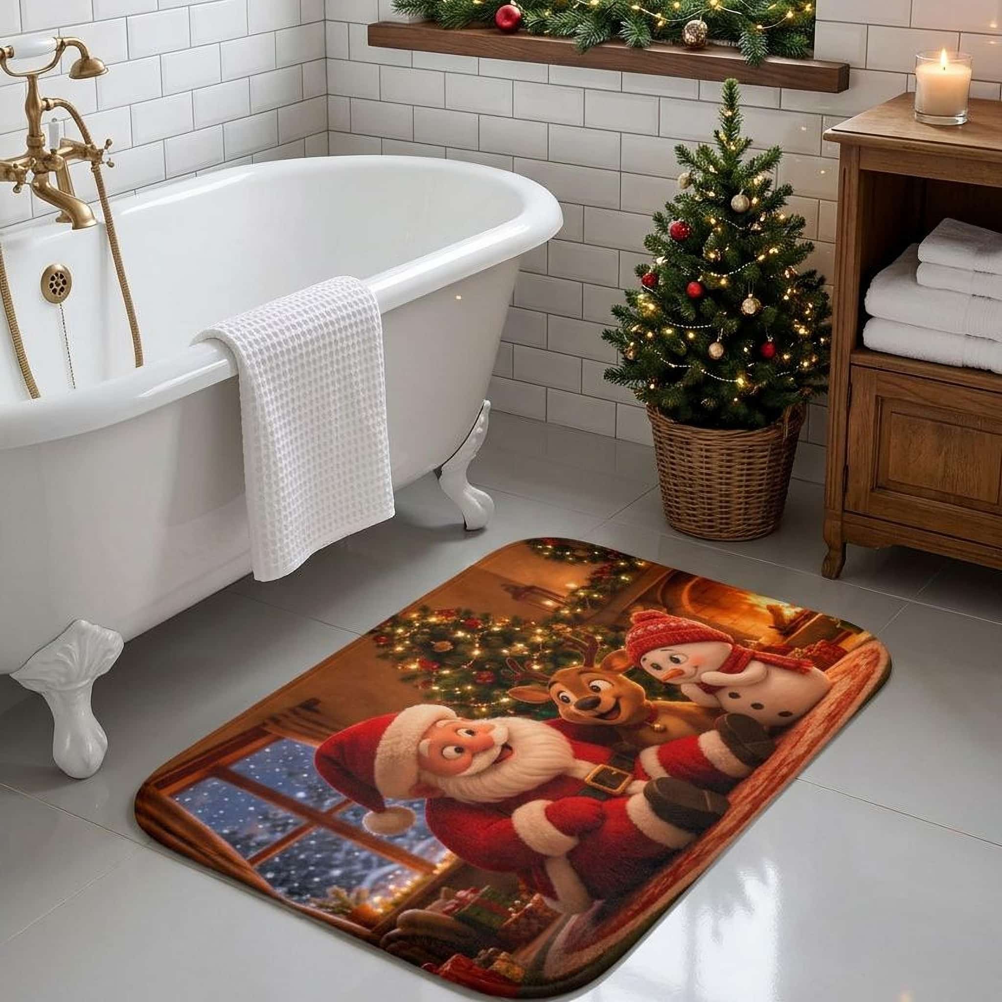 Christmas Santa and friends bath mat with Santa, a reindeer and a snowman by a fireplace, shown on a bathroom floor next to a clawfoot tub and small Christmas tree