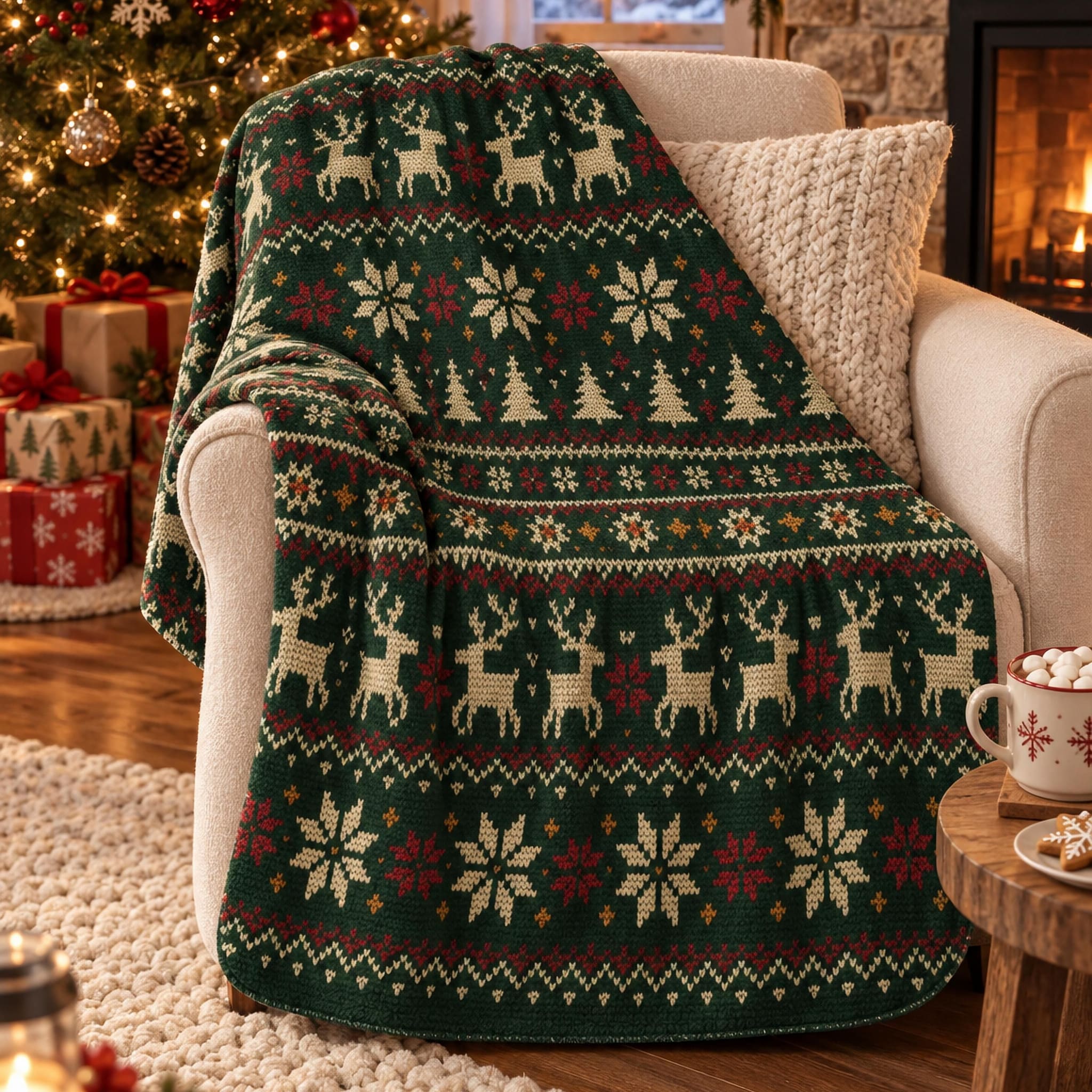 Christmas Fair Isle sherpa blanket in green with cream reindeer and fir trees, draped over a chair beside a lit tree
