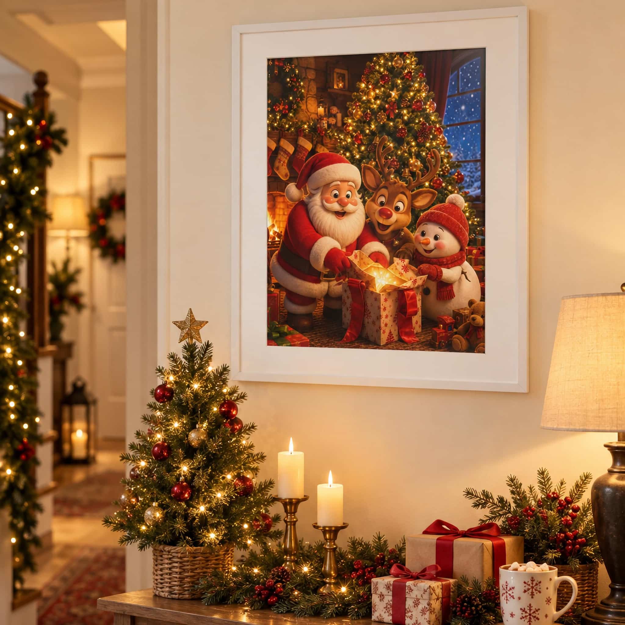 Christmas poster of Santa, a reindeer and a snowman opening a glowing gift under the tree, framed above a console table with Christmas decor
