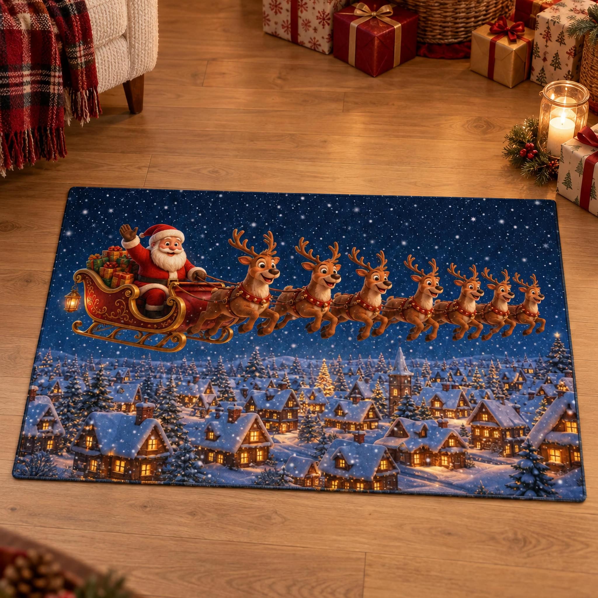 Christmas Santa sleigh washable rug with Santa and reindeer over a snowy village at night, shown on a living room floor with presents