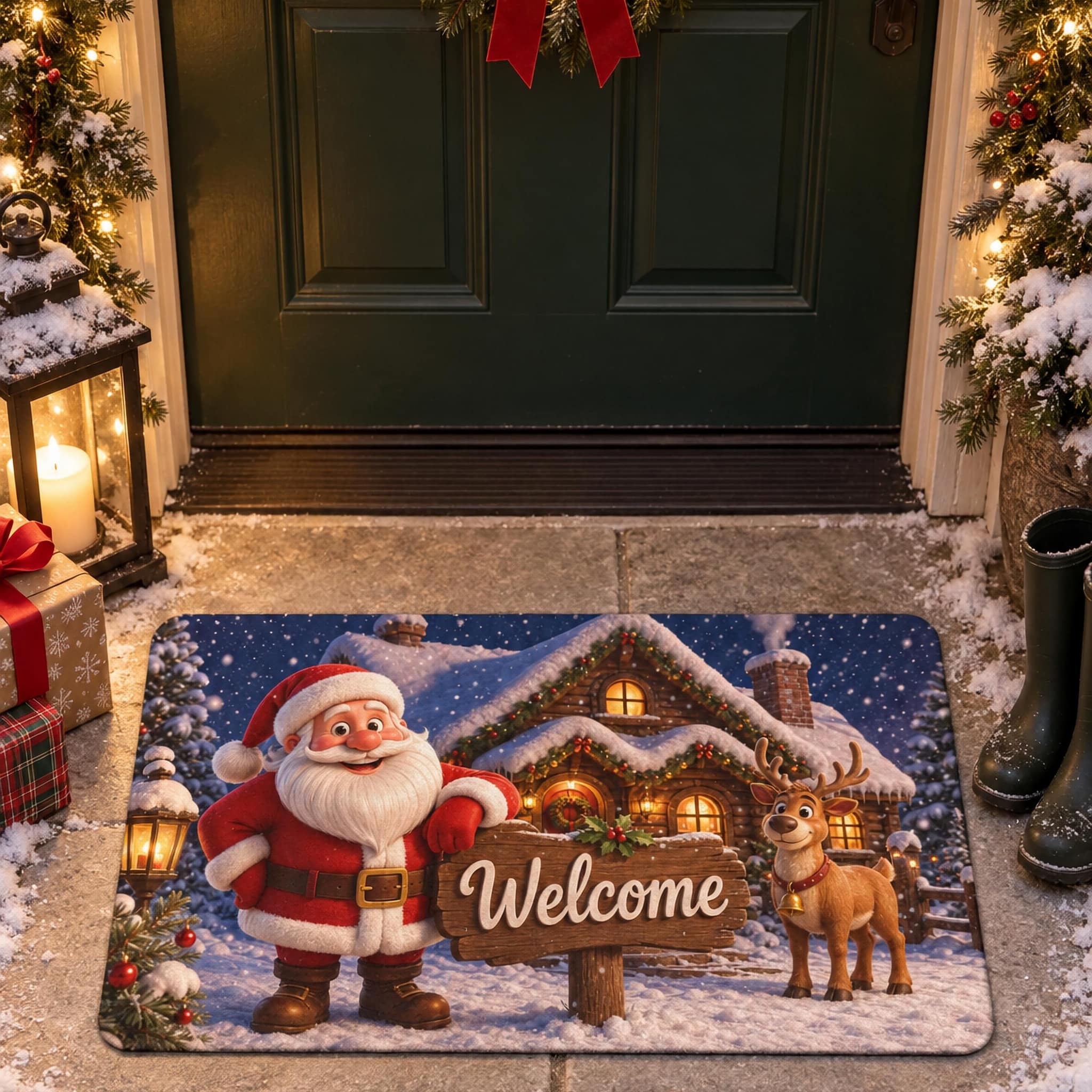 Christmas Welcome doormat with Santa and a reindeer in front of a snowy cabin, shown at a green front door with a wreath and lanterns