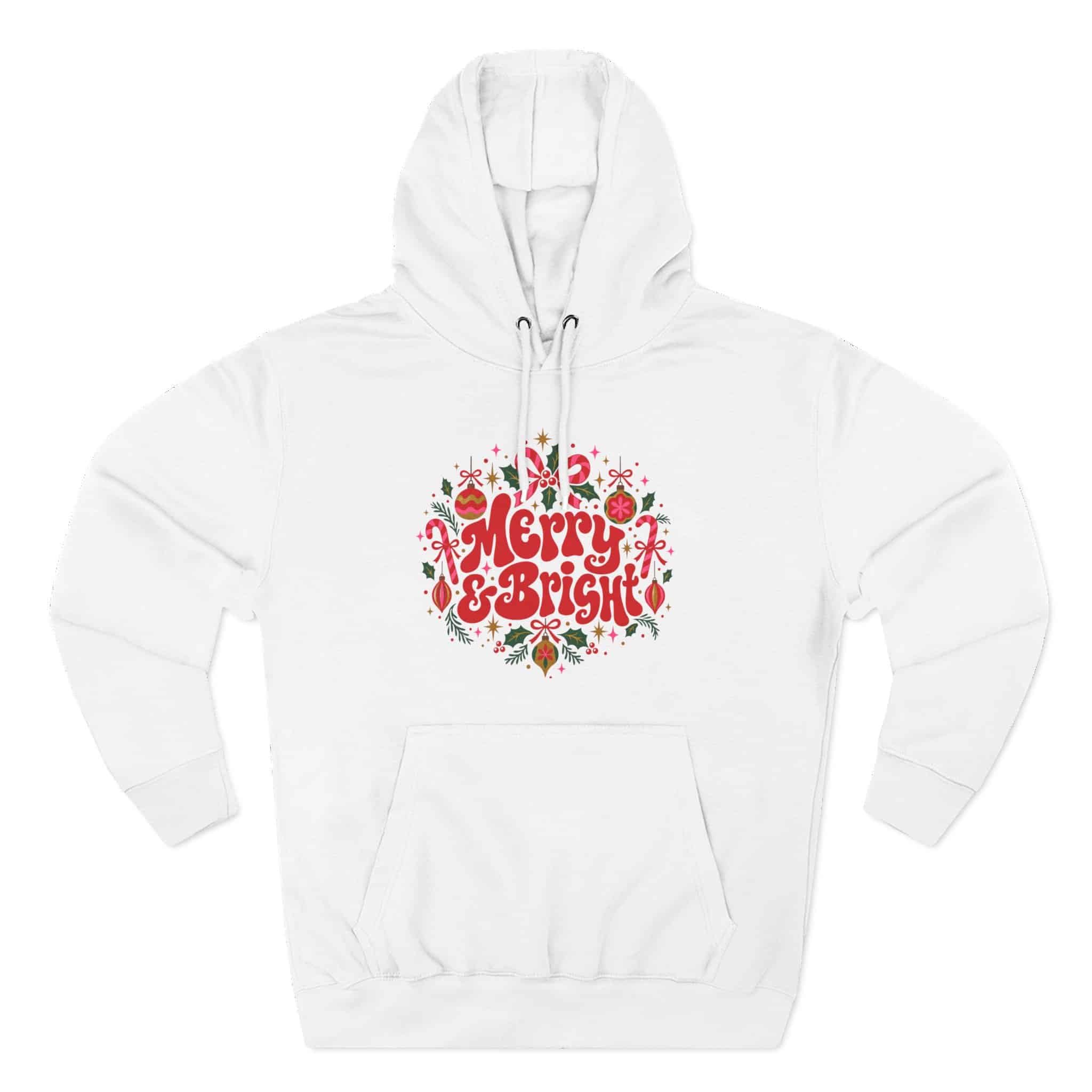 Merry and Bright Christmas Hoodie - Retro Groovy Holiday Ornaments Candy Cane Christmas Hoodie - Image 3