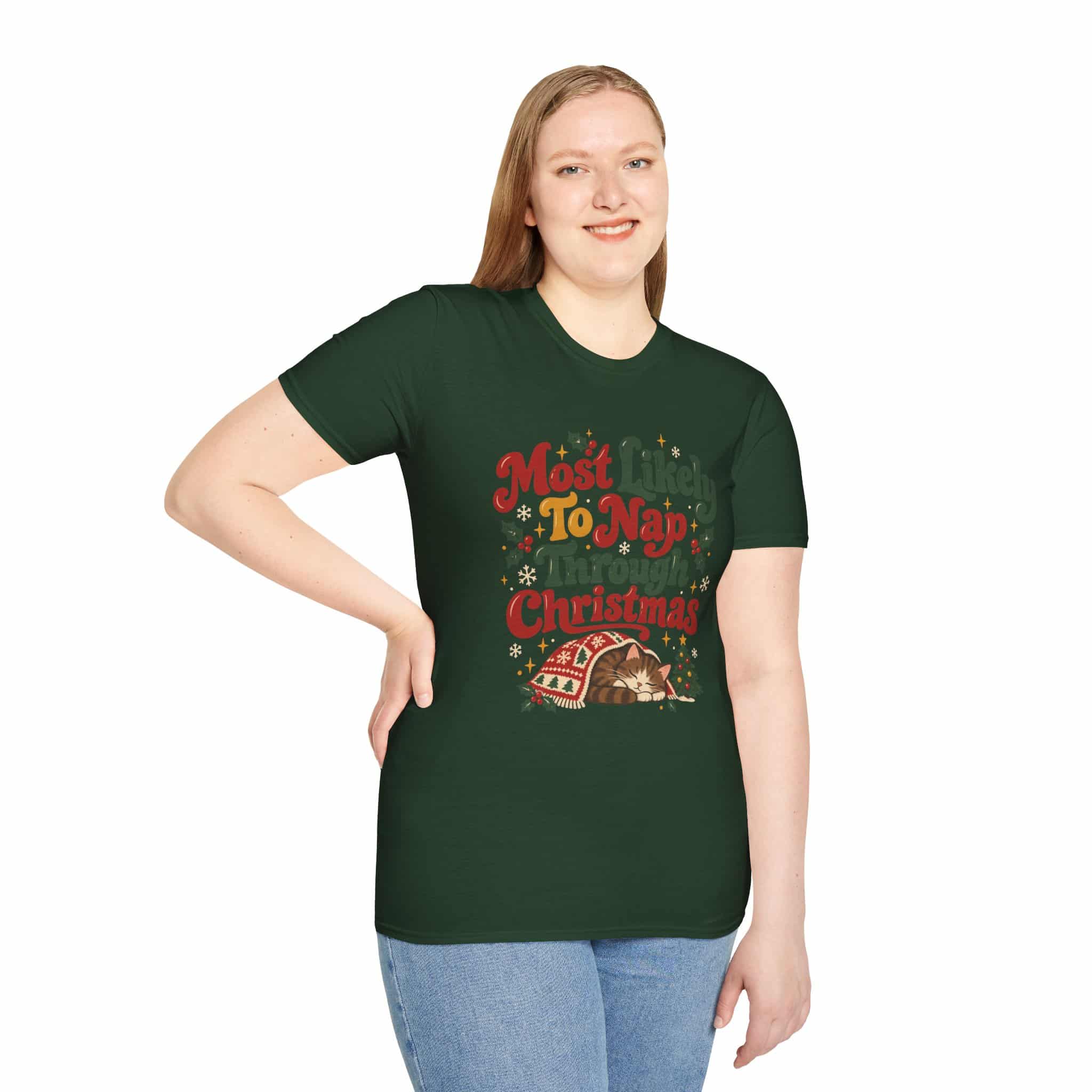 Most Likely To Nap Through Christmas Unisex Softstyle T-Shirt | Funny Holiday Graphic Tee - Image 26