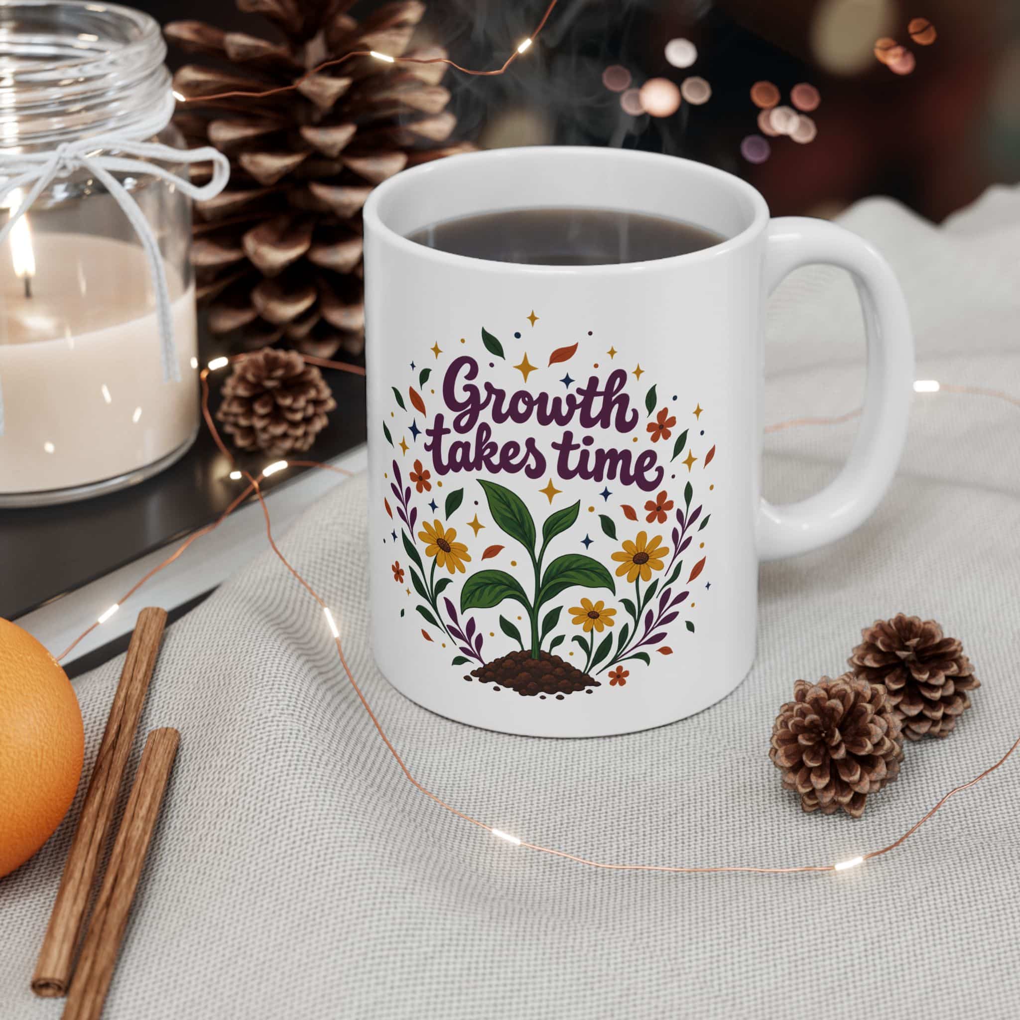 Growth Takes Time Ceramic Mug — Sprout & Wildflower Motivational Coffee Cup (11oz/15oz)