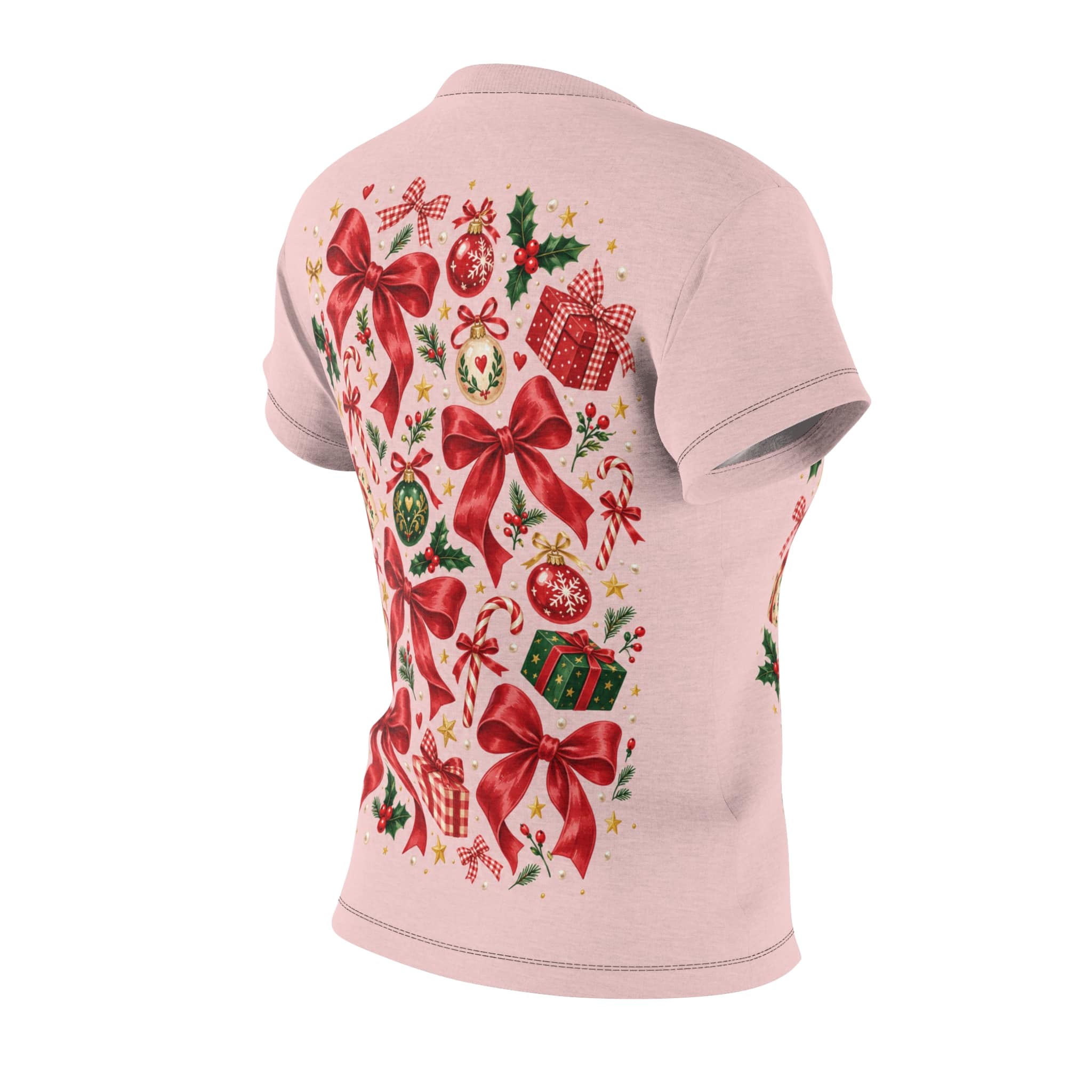 Women’s Tee Pink Christmas Bows & Ornaments Shirt - Image 11