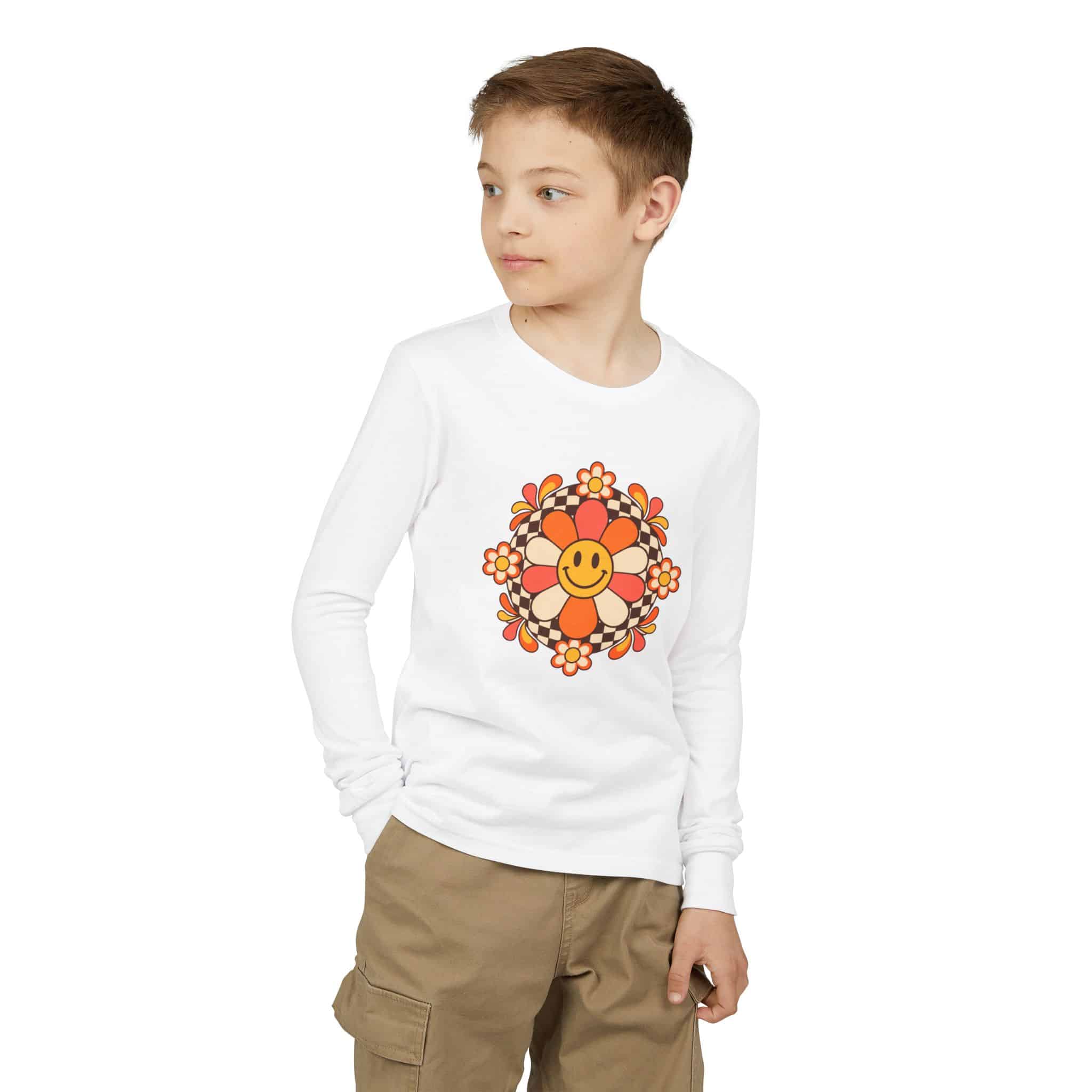 Retro Smiley Flower Checkerboard - kids long sleeve tee by Honeh