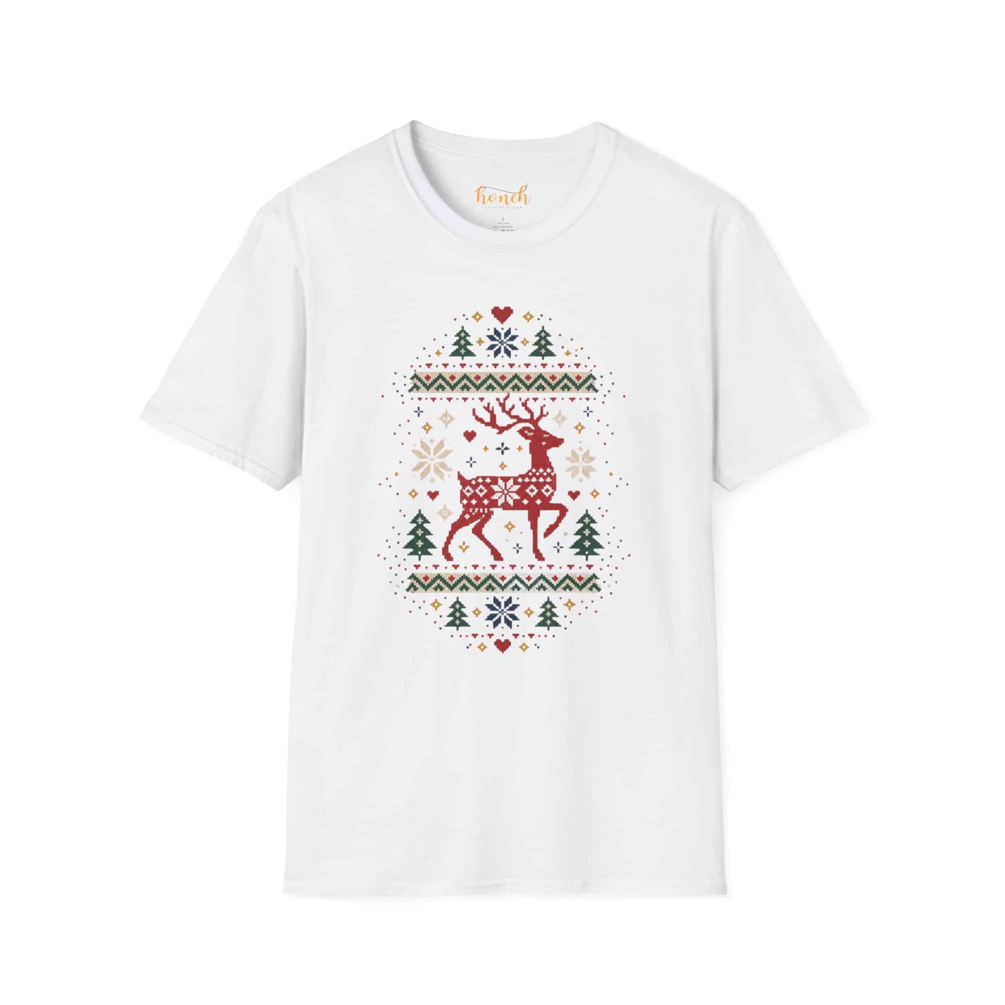 Fair Isle Reindeer Unisex Softstyle T-Shirt - Knit-Look Christmas Graphic Tee - Image 2