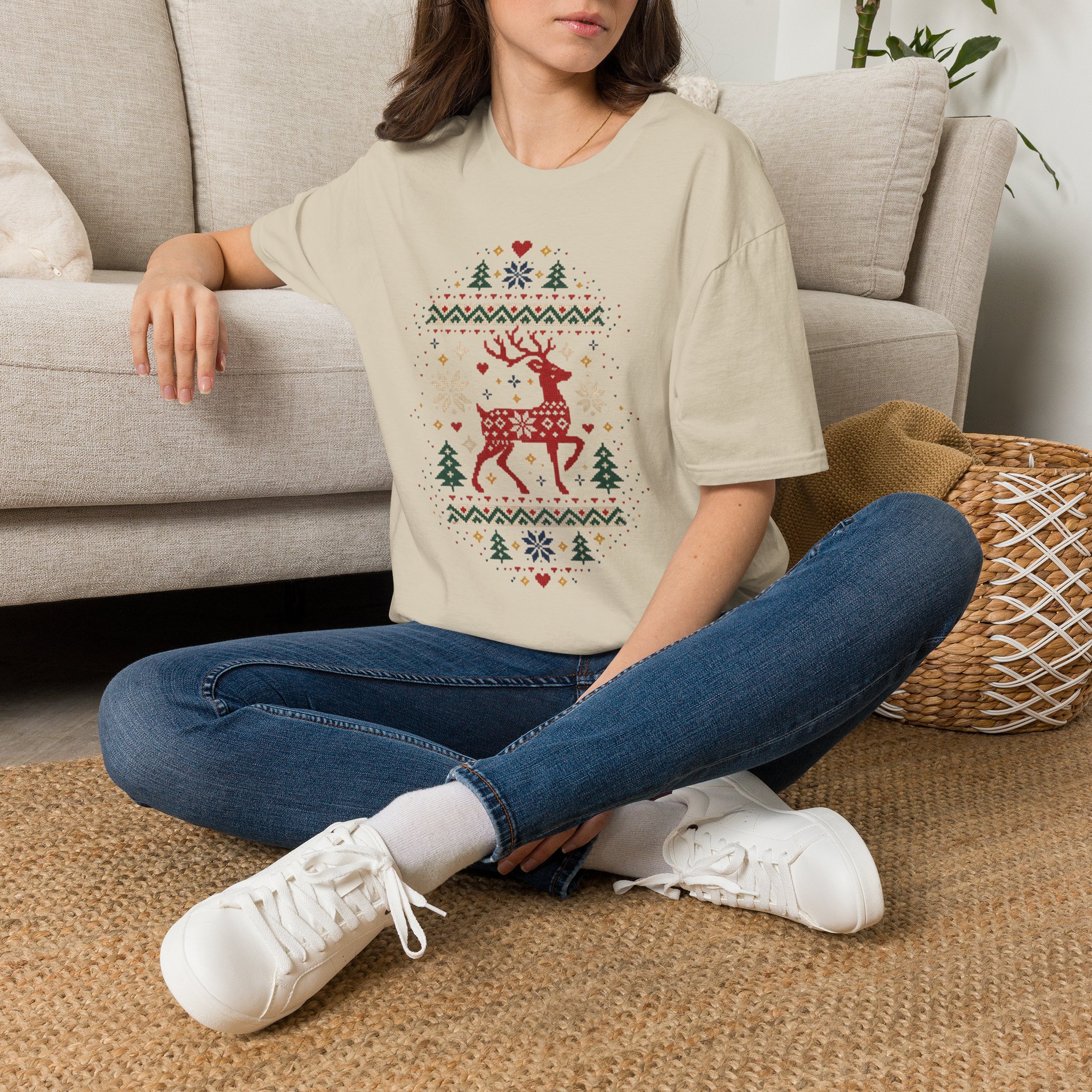 Fair Isle Reindeer Unisex Softstyle T-Shirt - Knit-Look Christmas Graphic Tee - Image 8