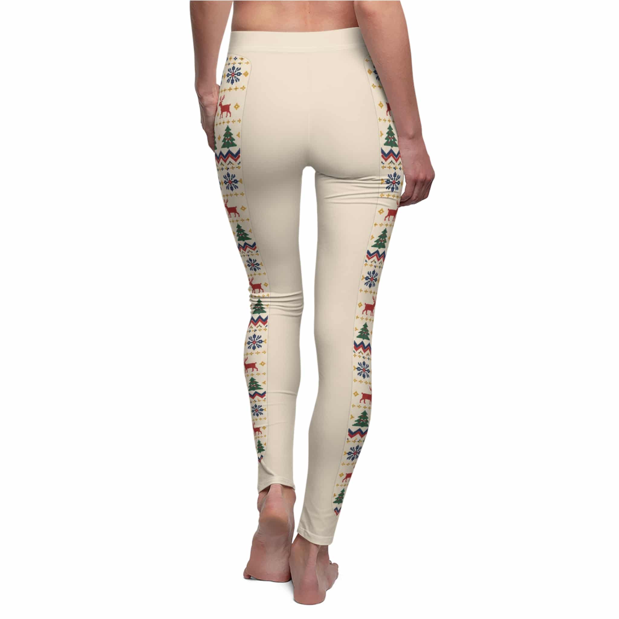 Cream Winter Fair Isle Leggings - Red & Navy Reindeer Snowflake Panel - Image 3