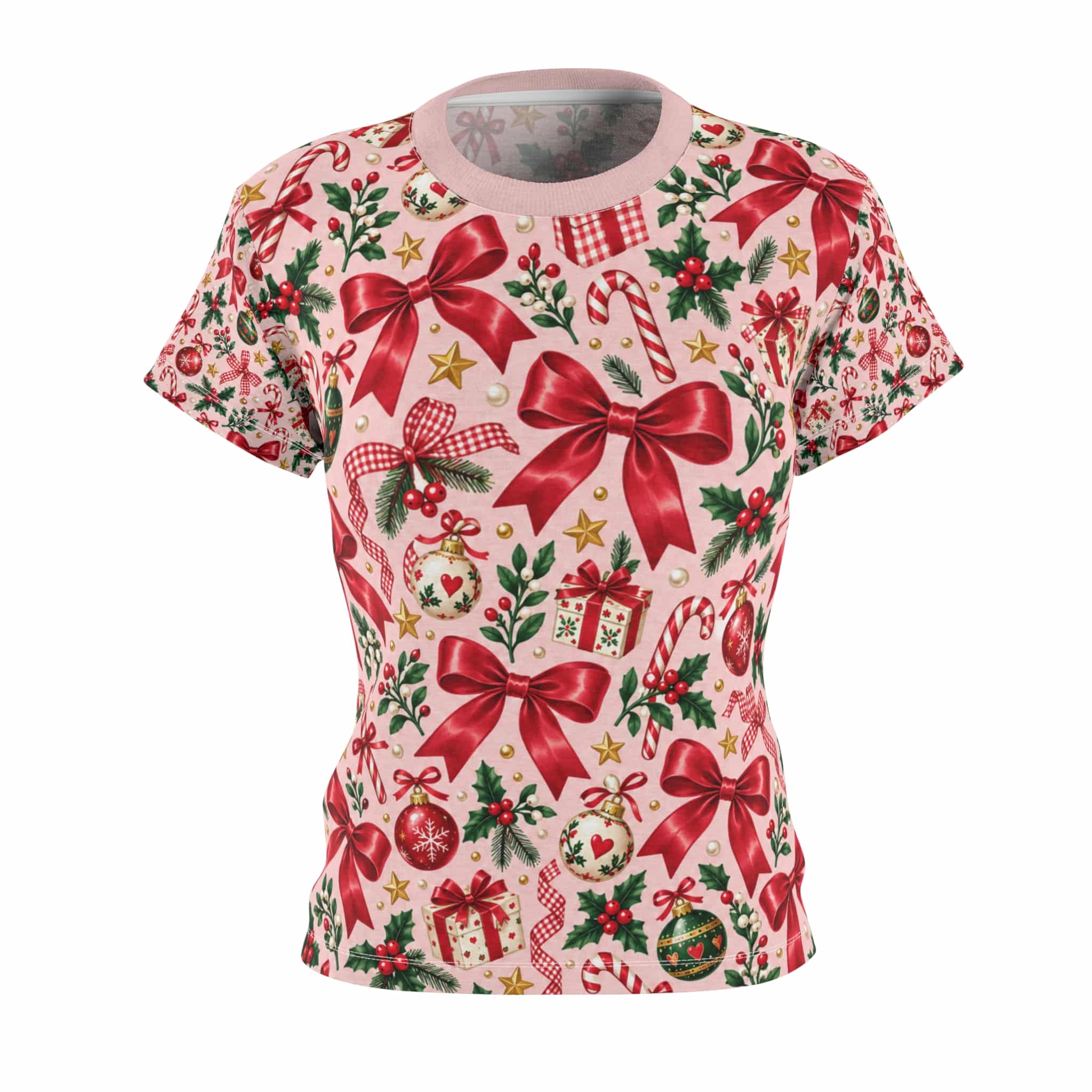 Coquette Bows and Baubles Christmas Tee, Pink and Red Women's Holiday Shirt - Image 3